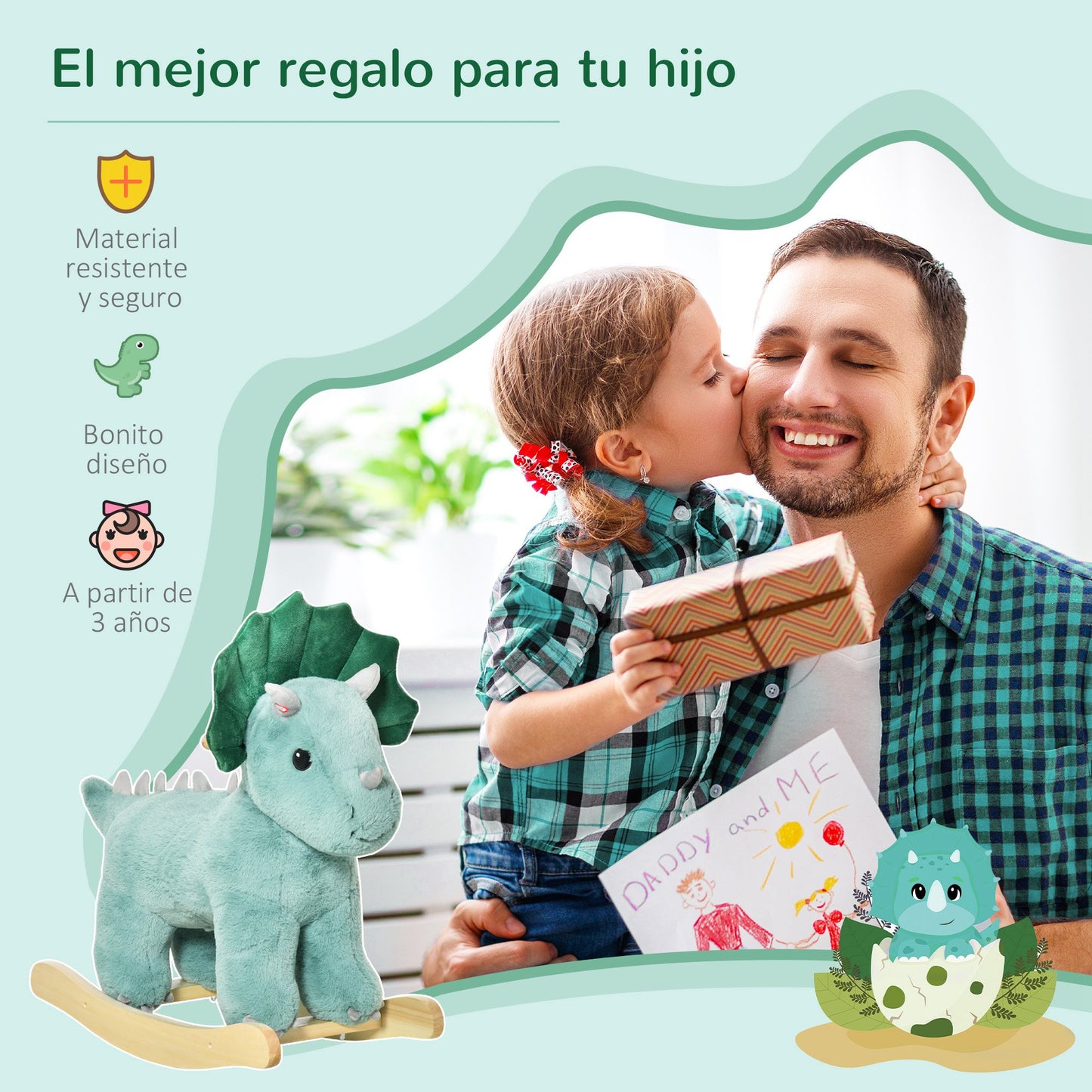 HOMCOM Caballito Balancín para Niños de +3 Años en Forma de Dinosaurio Caballo Balancín con Sonidos Realistas y Base de Madera Carga 45 kg 64x30x54 cm Verde Oscuro