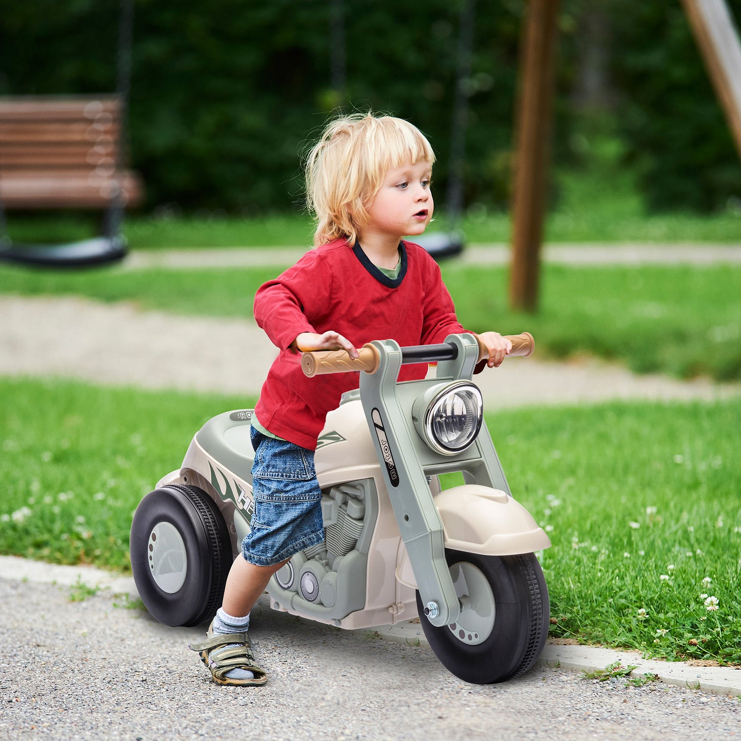 AIYAPLAY Moto Correpasillos para Niños de 2-5 Años Correpasillos con Música Burbujas Carga 30 kg 80x35,5x42 cm Crema