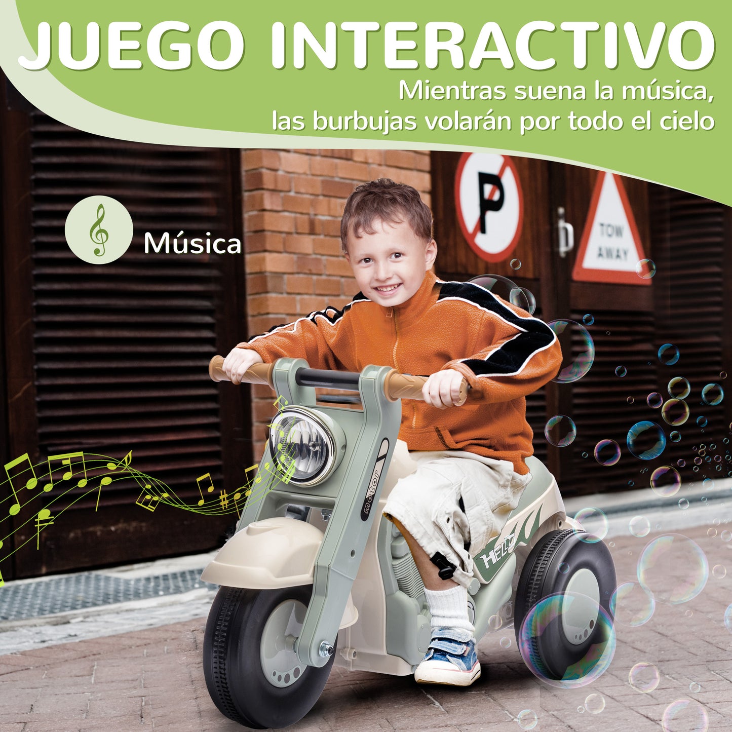 AIYAPLAY Moto Correpasillos para Niños de 2-5 Años Correpasillos con Música Burbujas Carga 30 kg 80x35,5x42 cm Crema