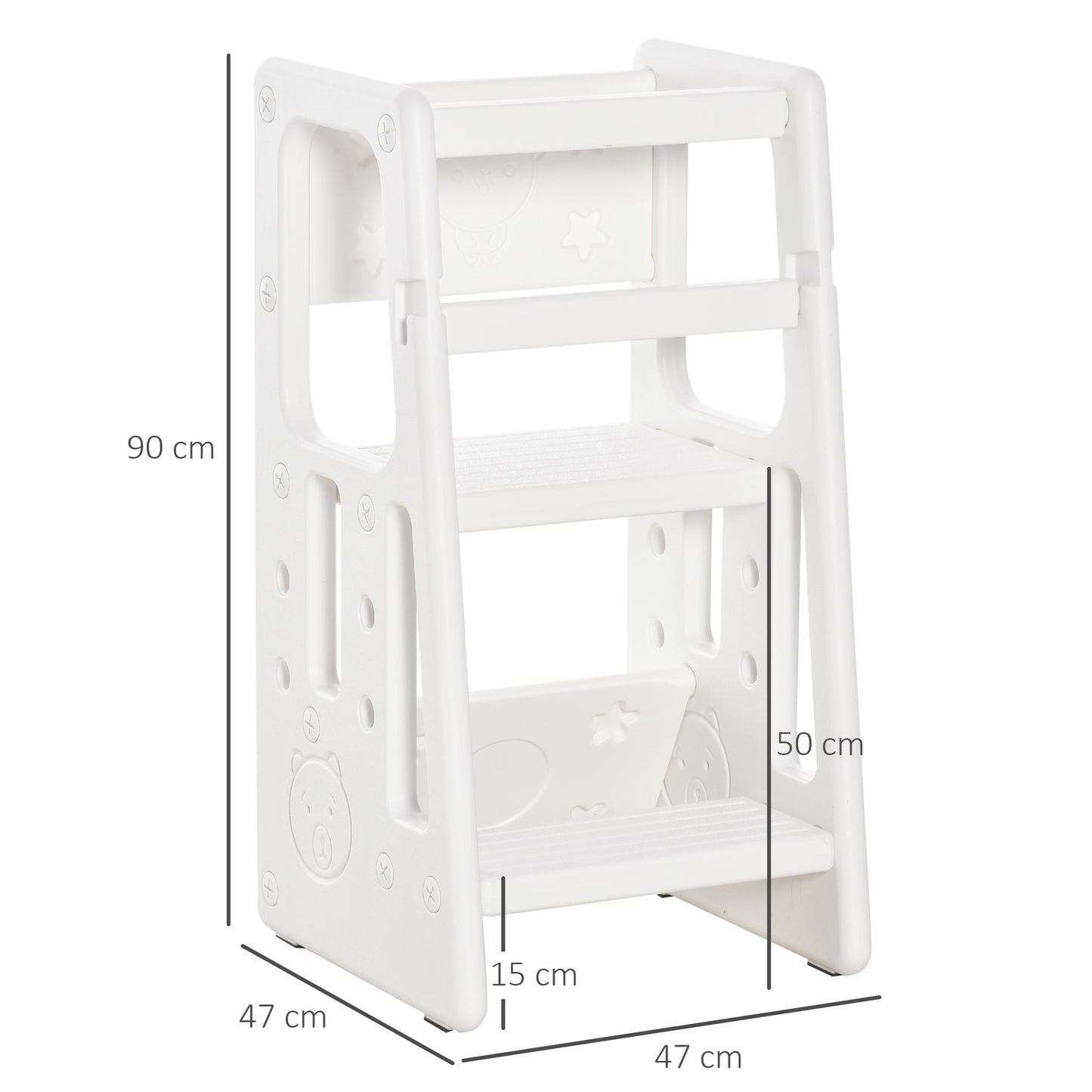 HOMCOM Torre de Aprendizaje para Niños Taburete Infantil con Altura Ajustable en 3 Posiciones y Plataforma Antideslizante para Cocina Comedor Baño 47x47x90 cm Blanco