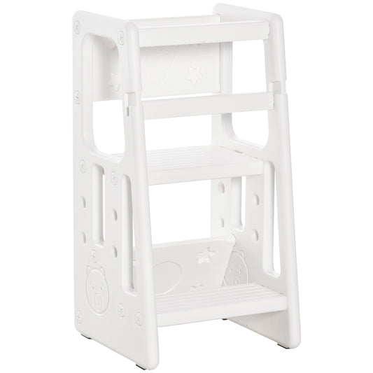 HOMCOM Torre de Aprendizaje para Niños Taburete Infantil con Altura Ajustable en 3 Posiciones y Plataforma Antideslizante para Cocina Comedor Baño 47x47x90 cm Blanco