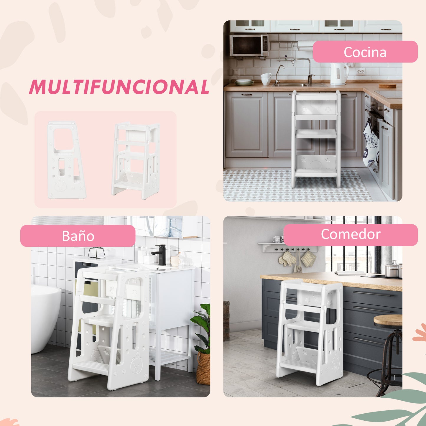 HOMCOM Torre de Aprendizaje para Niños Taburete Infantil con Altura Ajustable en 3 Posiciones y Plataforma Antideslizante para Cocina Comedor Baño 47x47x90 cm Blanco