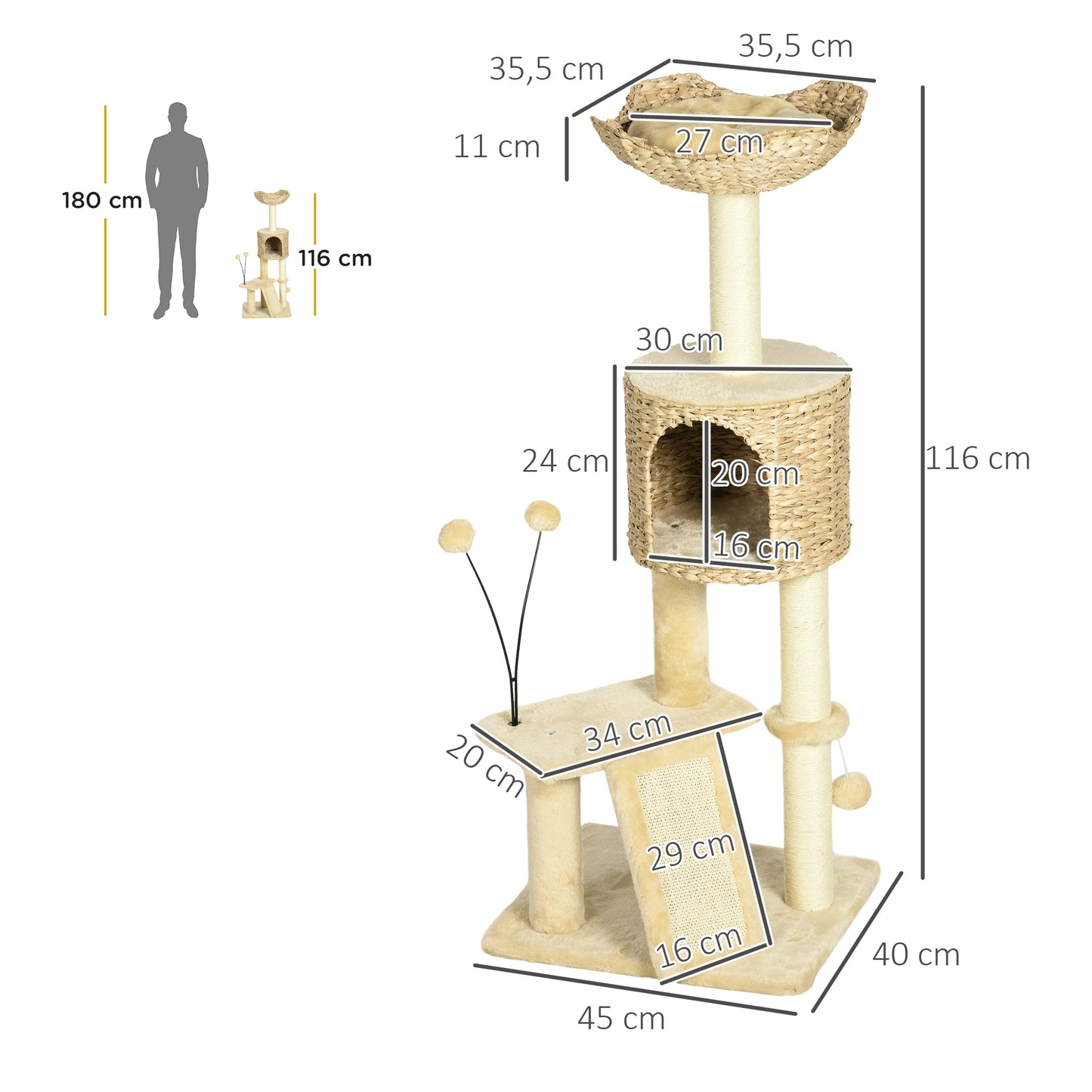 PawHut Árbol Rascador para Gatos de 116 cm Torre para Gatos Interior con Postes para Rascar Cama Cueva de Espadañas Rampa y Bolas 45x40x116 cm Beige