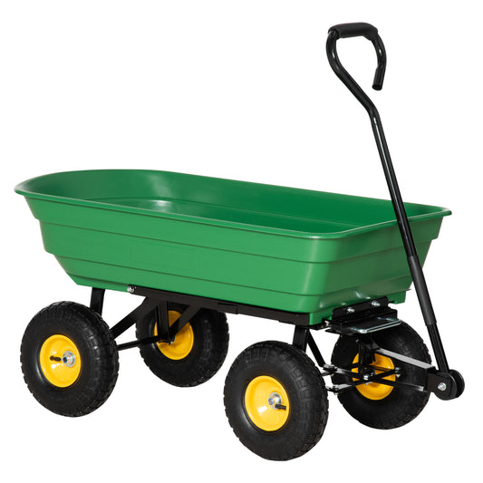 Outsunny Carro de Jardín con Carrocería Inclinable hasta 75° Carretilla de Transporte con Mango Ajustable con 4 Neumáticos Capacidad Max.75 L Acero para Playa 109x52x94 cm Verde Oscuro