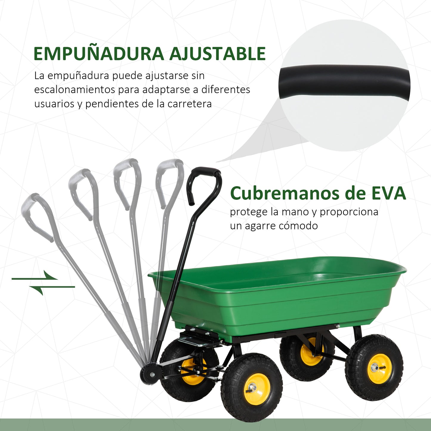 Outsunny Carro de Jardín con Carrocería Inclinable hasta 75° Carretilla de Transporte con Mango Ajustable con 4 Neumáticos Capacidad Max.75 L Acero para Playa 109x52x94 cm Verde Oscuro