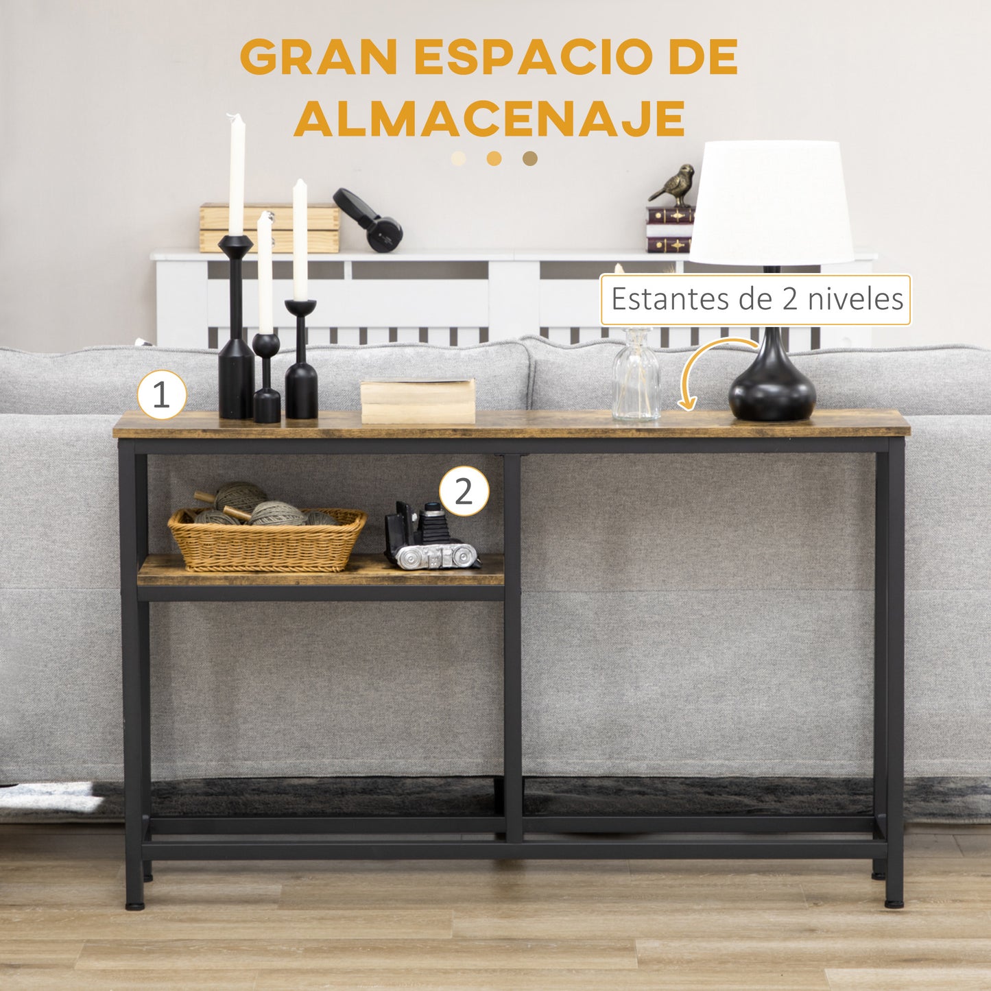 HOMCOM Mesa Consola Industrial Consola de Recibidor con Estantes Abiertos Antivuelco Mueble de Recibidor para Salón Pasillo 120x23x75 cm Marrón