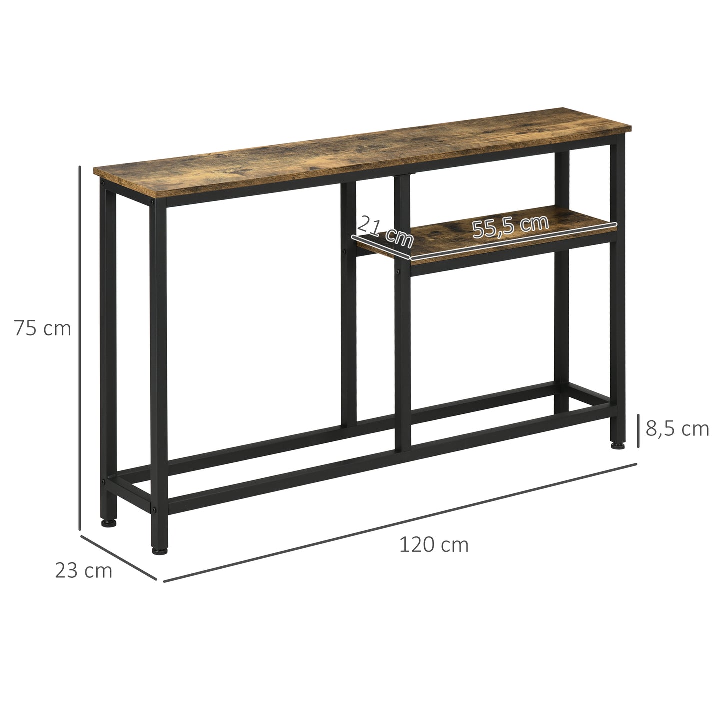 HOMCOM Mesa Consola Industrial Consola de Recibidor con Estantes Abiertos Antivuelco Mueble de Recibidor para Salón Pasillo 120x23x75 cm Marrón