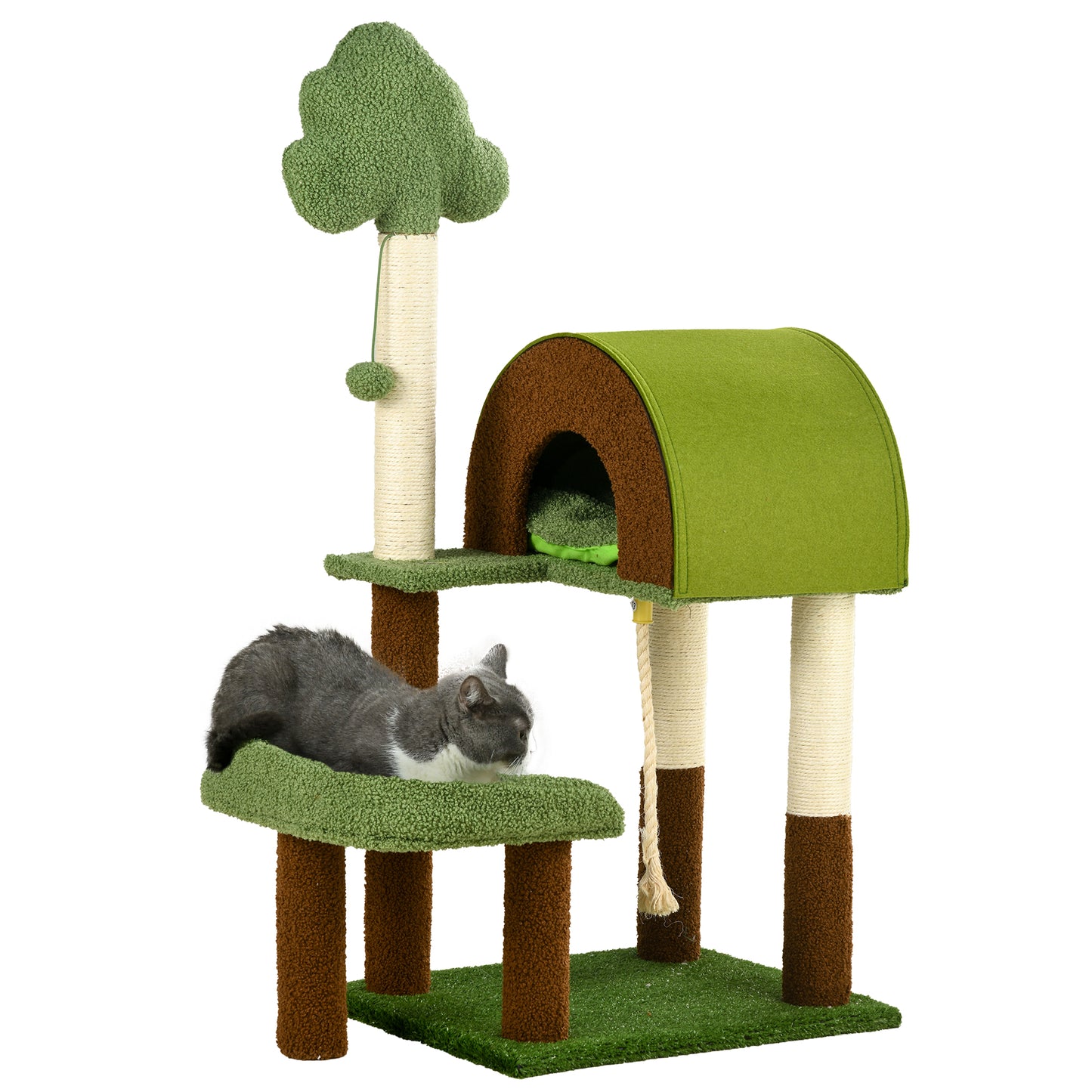 PawHut Árbol Rascador para Gatos Mediano 107 cm Torre para Gatos Centro de Actividades para Gatitos con Nido Poste de Sisal Césped Falso y Bola Colgante 49x40x107 cm Verde