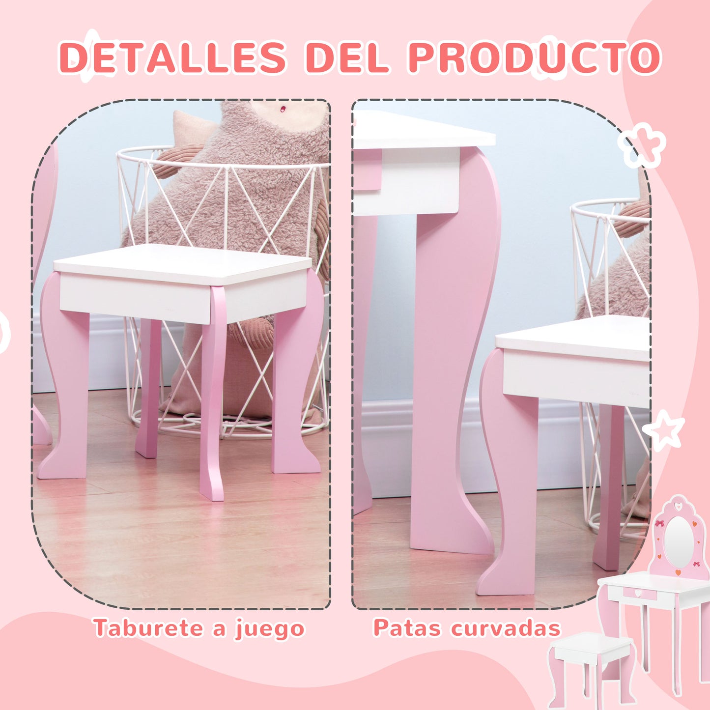 ZONEKIZ Tocador Infantil de Madera Tocador para Niñas con Taburete y Espejo Tocador de Maquillaje para Niñas de 3-6 Años con Cajón 50x36,5x89,5 cm Rosa