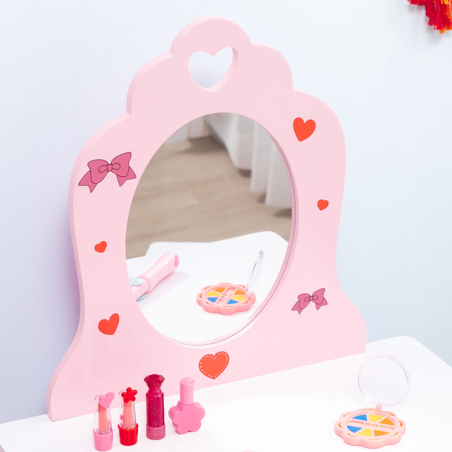 ZONEKIZ Tocador Infantil de Madera Tocador para Niñas con Taburete y Espejo Tocador de Maquillaje para Niñas de 3-6 Años con Cajón 50x36,5x89,5 cm Rosa