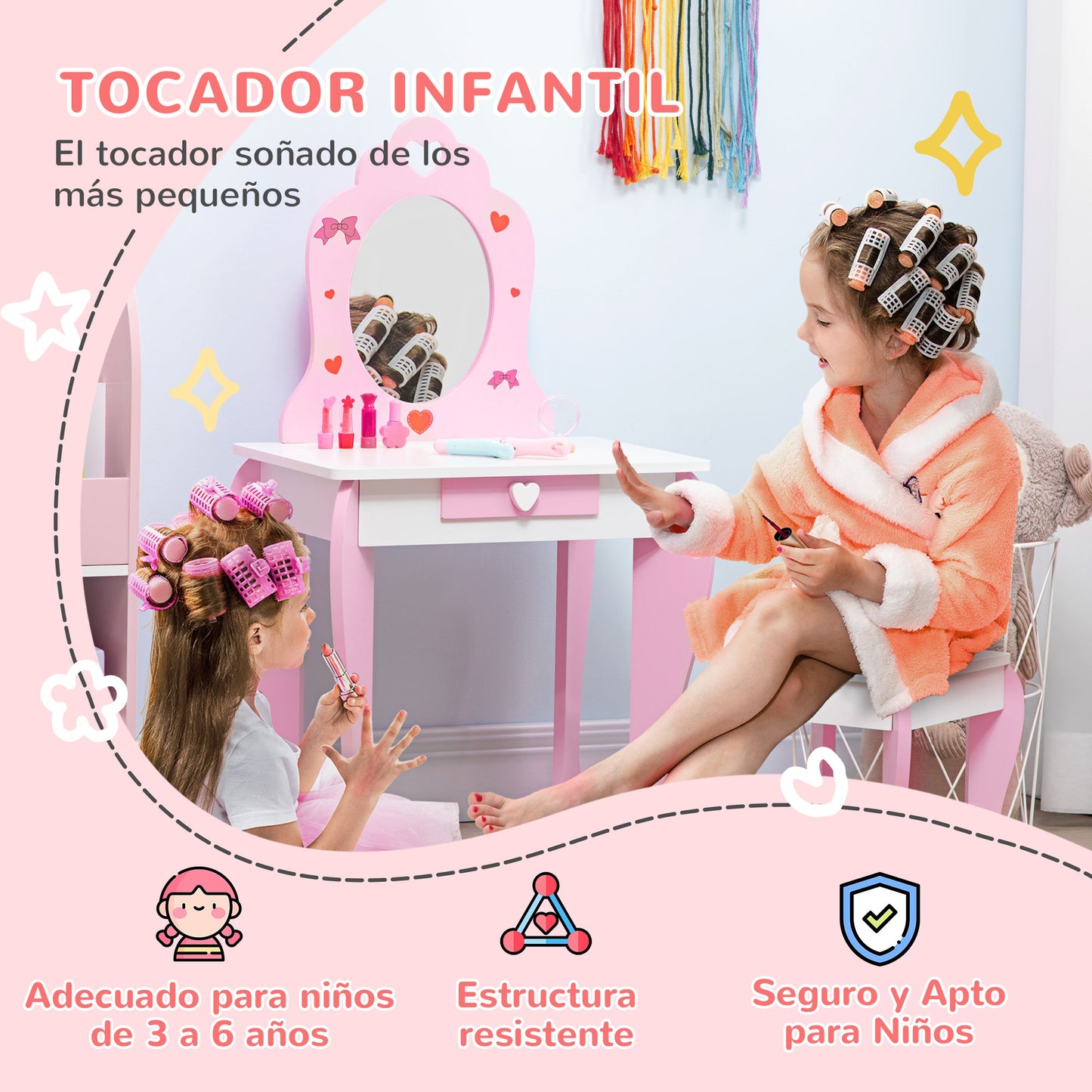 ZONEKIZ Tocador Infantil de Madera Tocador para Niñas con Taburete y Espejo Tocador de Maquillaje para Niñas de 3-6 Años con Cajón 50x36,5x89,5 cm Rosa