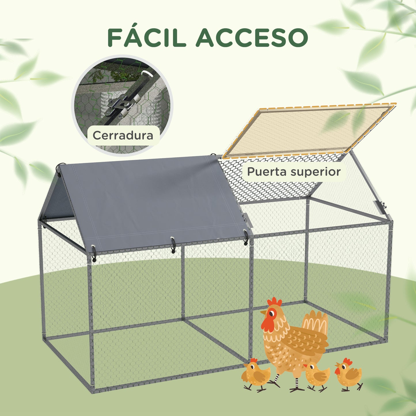 PawHut Jaula para Animales Pequeños Parque para Mascotas de Acero con 1 Puerta Superior y 1 Tela Superior de Anti-UV para Exterior Jardín 198x100x120 cm Plata