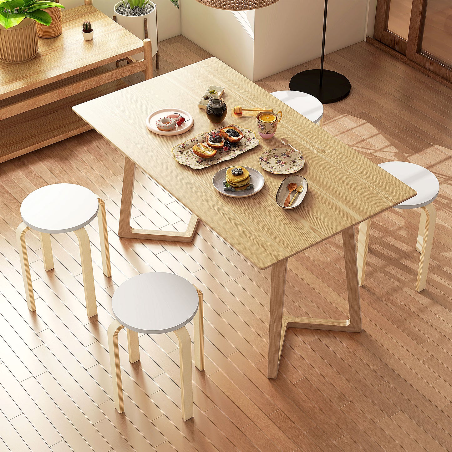 HOMCOM Taburetes Apilables Juego de 4 Taburetes Multiusos Taburetes de Madera Redondos Carga 120 kg para Salón Oficina Dormitorio Estudio Ø40x45 cm Natural y Blanco