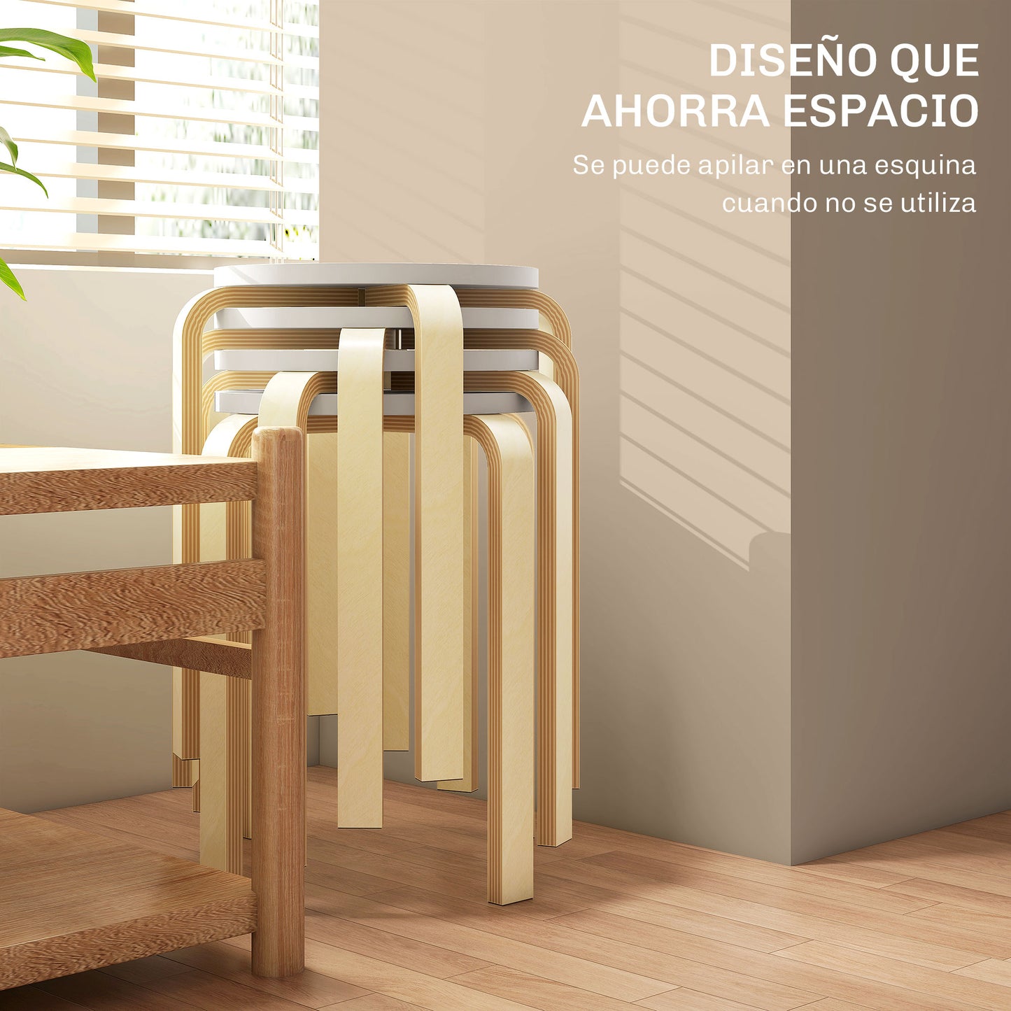 HOMCOM Taburetes Apilables Juego de 4 Taburetes Multiusos Taburetes de Madera Redondos Carga 120 kg para Salón Oficina Dormitorio Estudio Ø40x45 cm Natural y Blanco