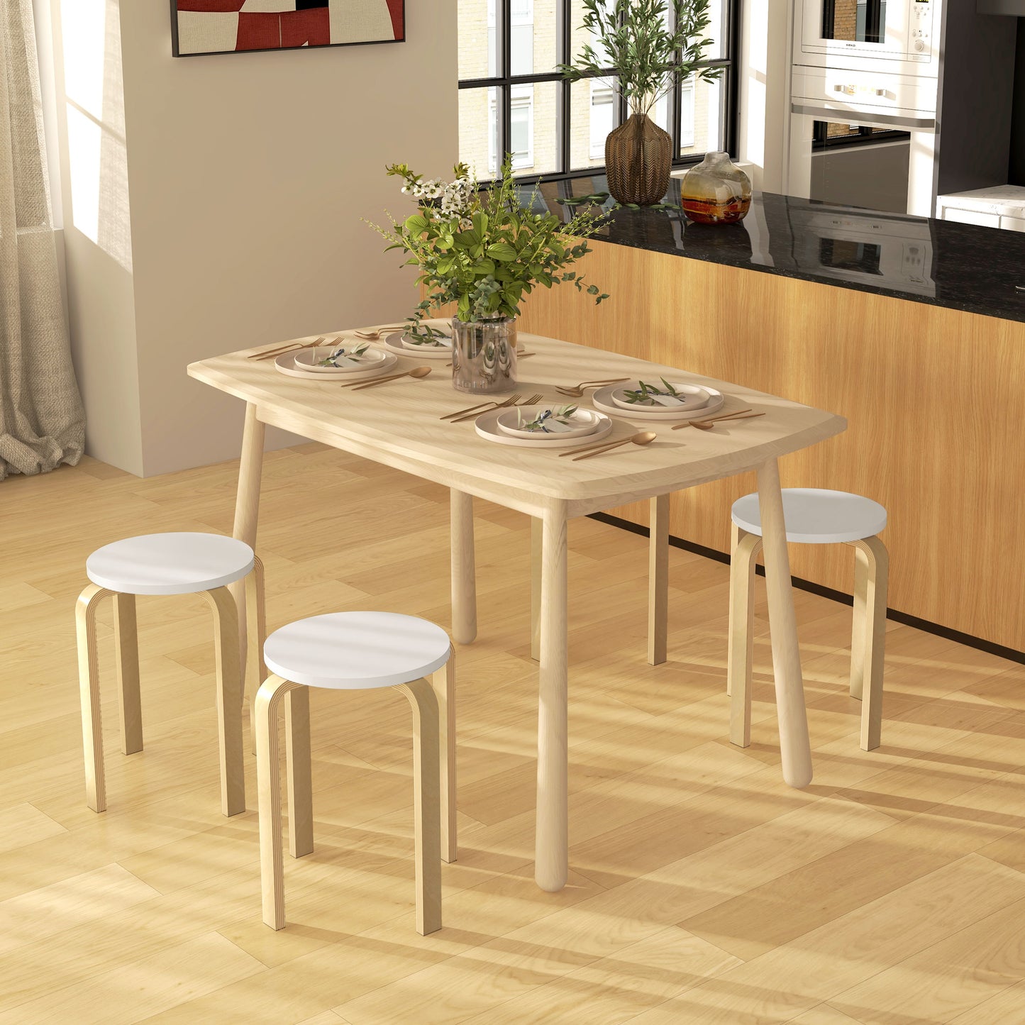 HOMCOM Taburetes Apilables Juego de 4 Taburetes Multiusos Taburetes de Madera Redondos Carga 120 kg para Salón Oficina Dormitorio Estudio Ø40x45 cm Natural y Blanco