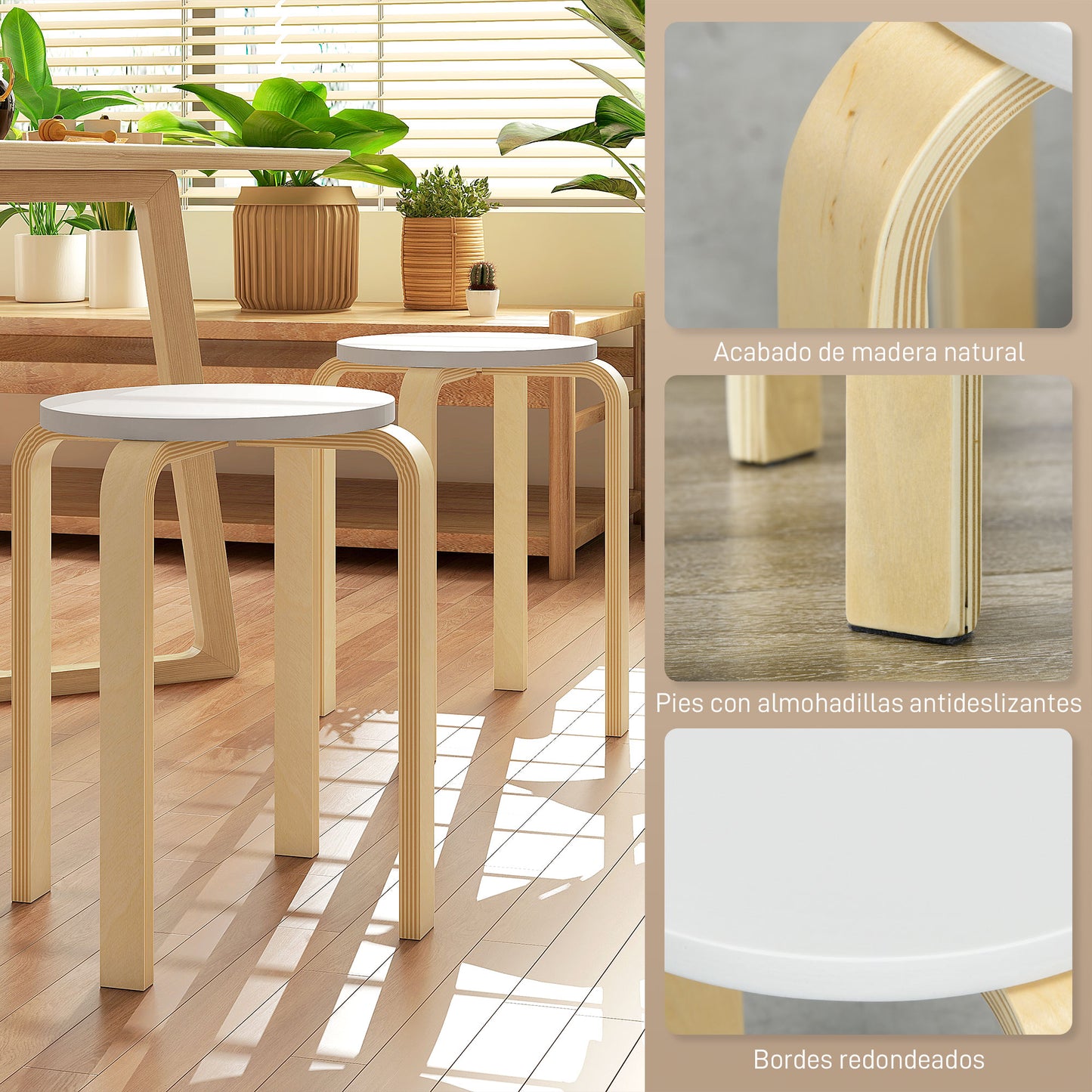 HOMCOM Taburetes Apilables Juego de 4 Taburetes Multiusos Taburetes de Madera Redondos Carga 120 kg para Salón Oficina Dormitorio Estudio Ø40x45 cm Natural y Blanco