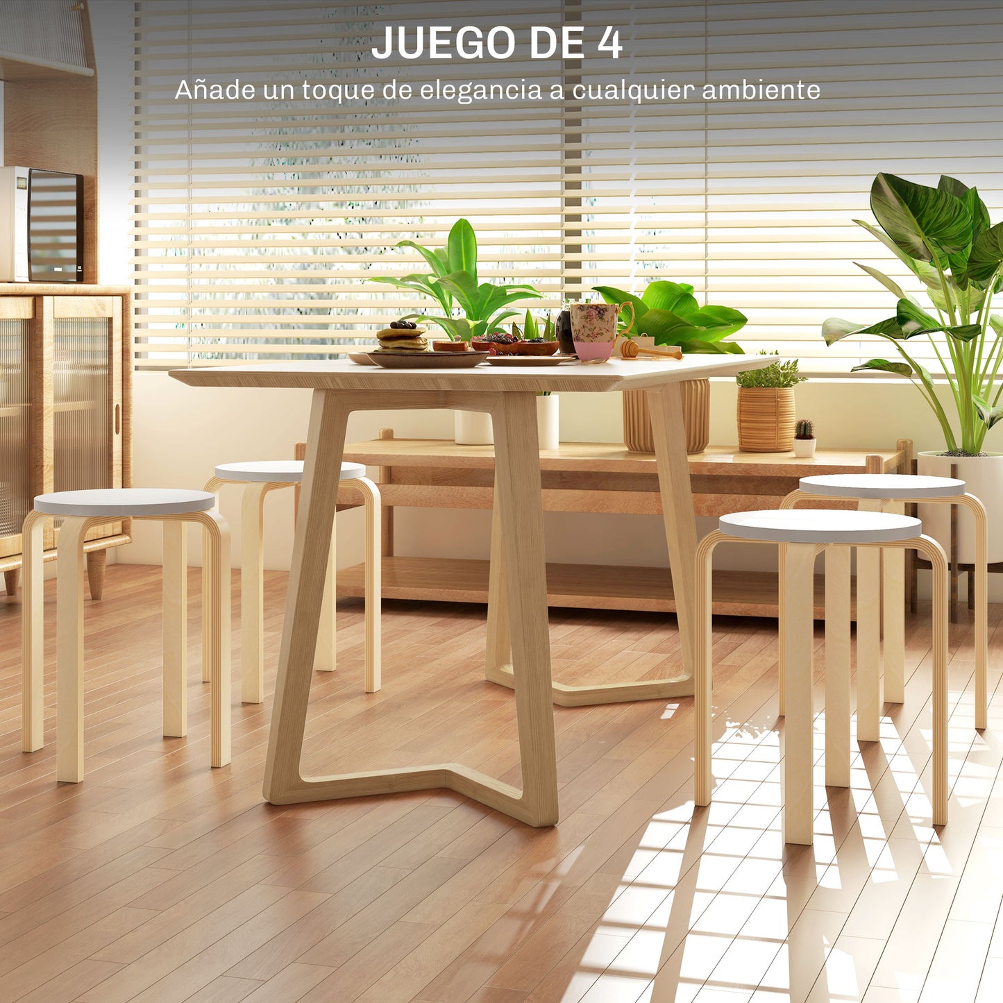 HOMCOM Taburetes Apilables Juego de 4 Taburetes Multiusos Taburetes de Madera Redondos Carga 120 kg para Salón Oficina Dormitorio Estudio Ø40x45 cm Natural y Blanco