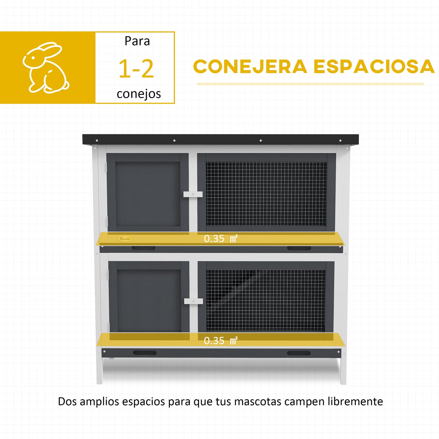 PawHut Conejera de Madera Jaula para Conejos de 2 Pisos 97x44x91 cm con Techo Asfáltico Puertas con Pestillo Bandejas Extraíbles y Rampa para 2 Conejos Gris