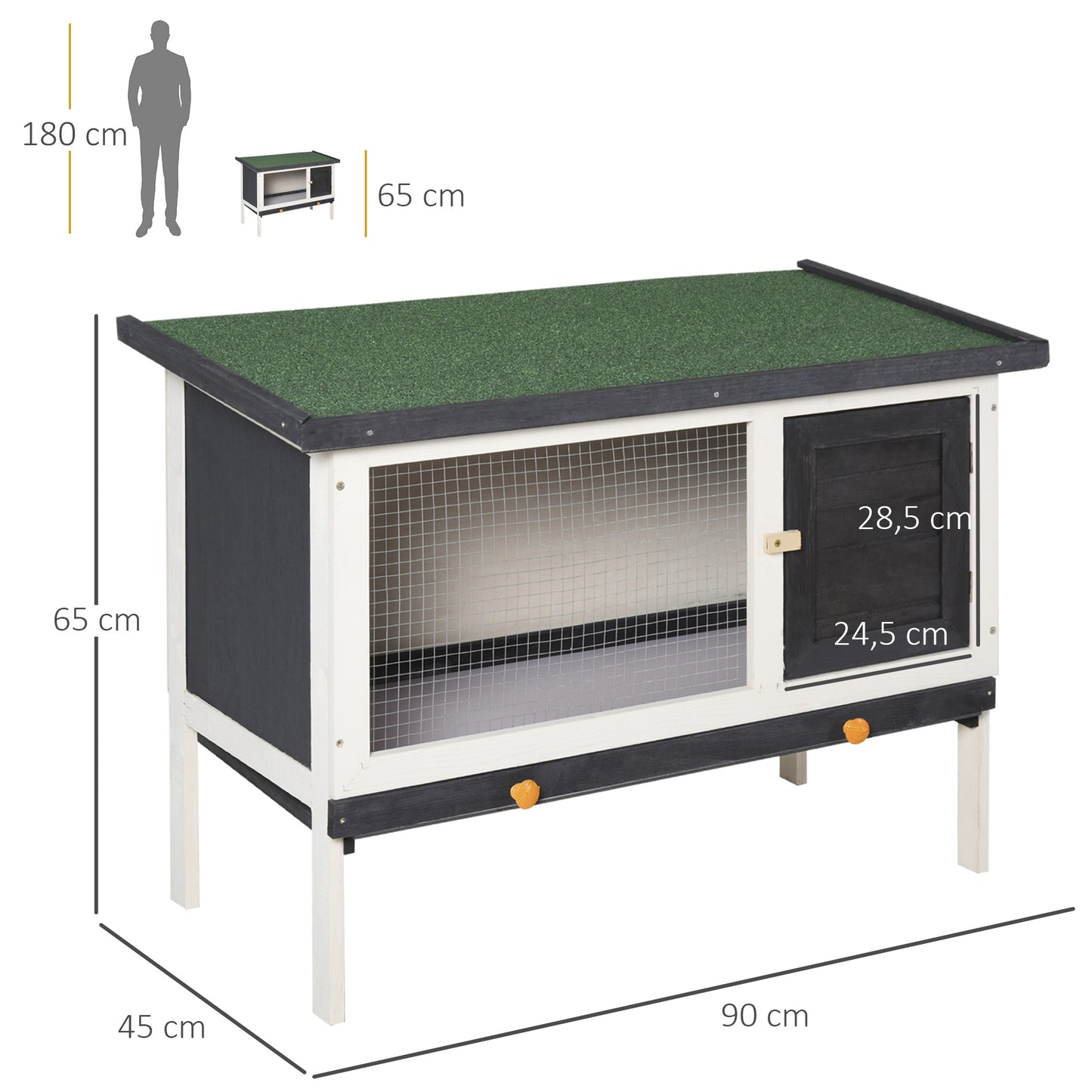 PawHut Conejera de Madera Exterior Jaula Elevada para Conejos Cobayas Animales Pequeños con Techo Asfáltico Abatible Bandejas Extraíbles y Puerta con Pestillo 90x45x65 cm Negro