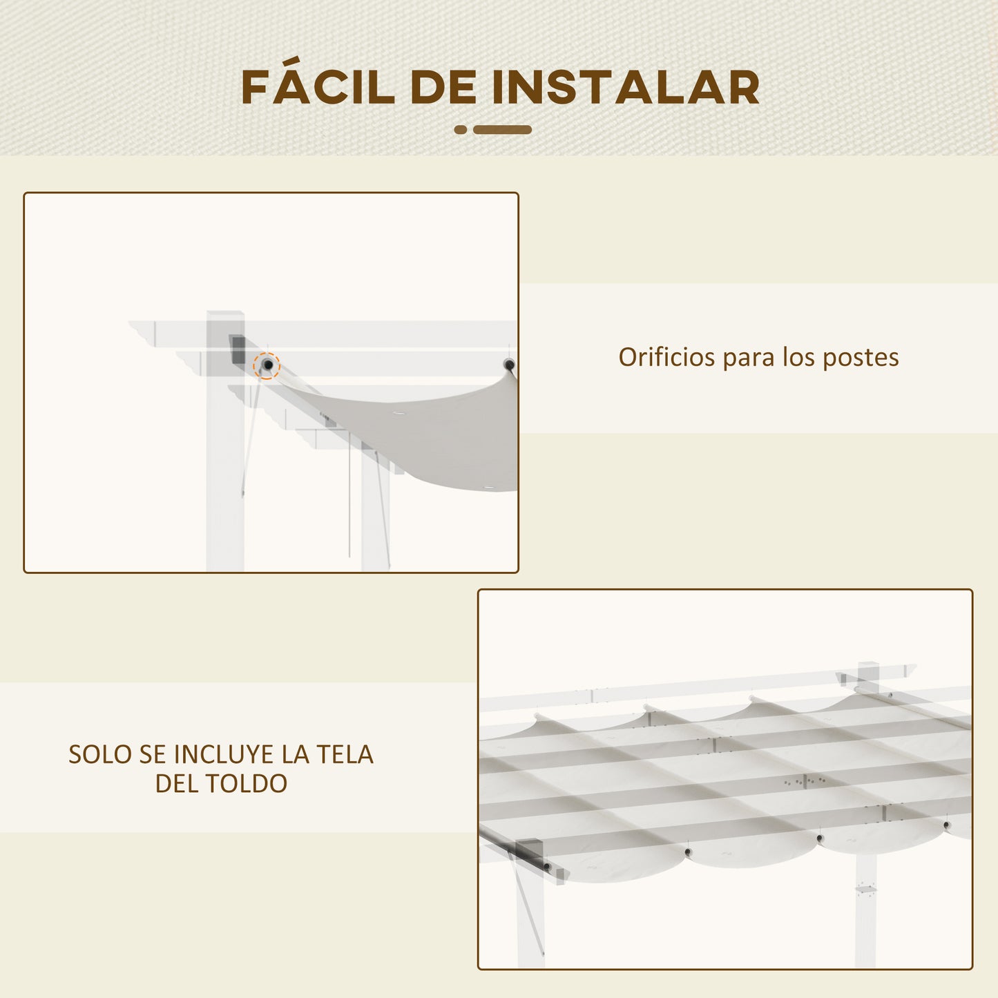 Outsunny Techo de Pérgola 2,5x2,55 m Techo de Repuesto Retráctil para Sombrilla Toldo de Tela para Cenador Jardín con 10 Orificios de Drenaje Crema