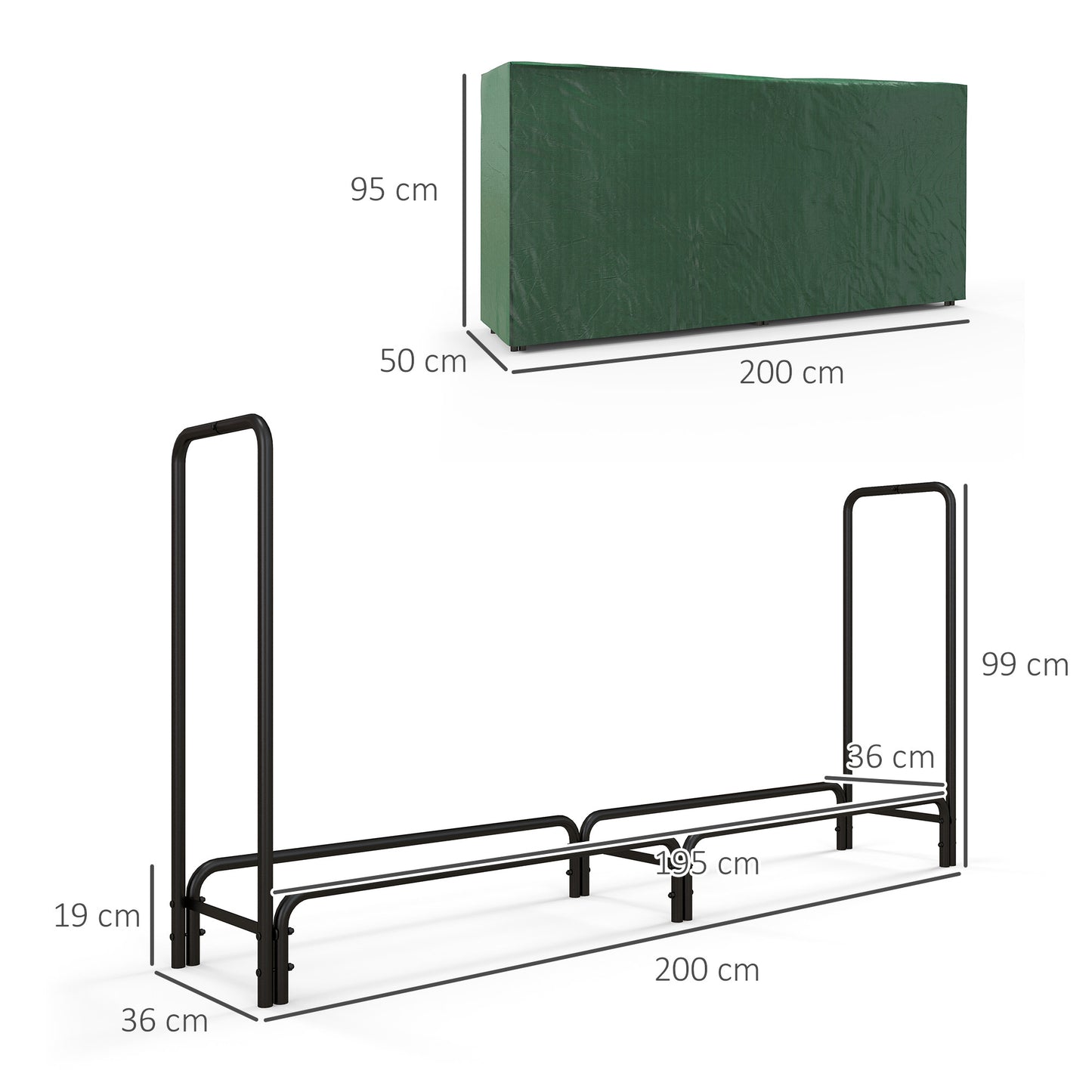 Outsunny Soporte para Leña con Cubierta Estante de Leña Leñero de Metal Ajustable con Estante para Interior y Exterior Carga 200kg 200x36x99 cm Verde Oscuro y Negro