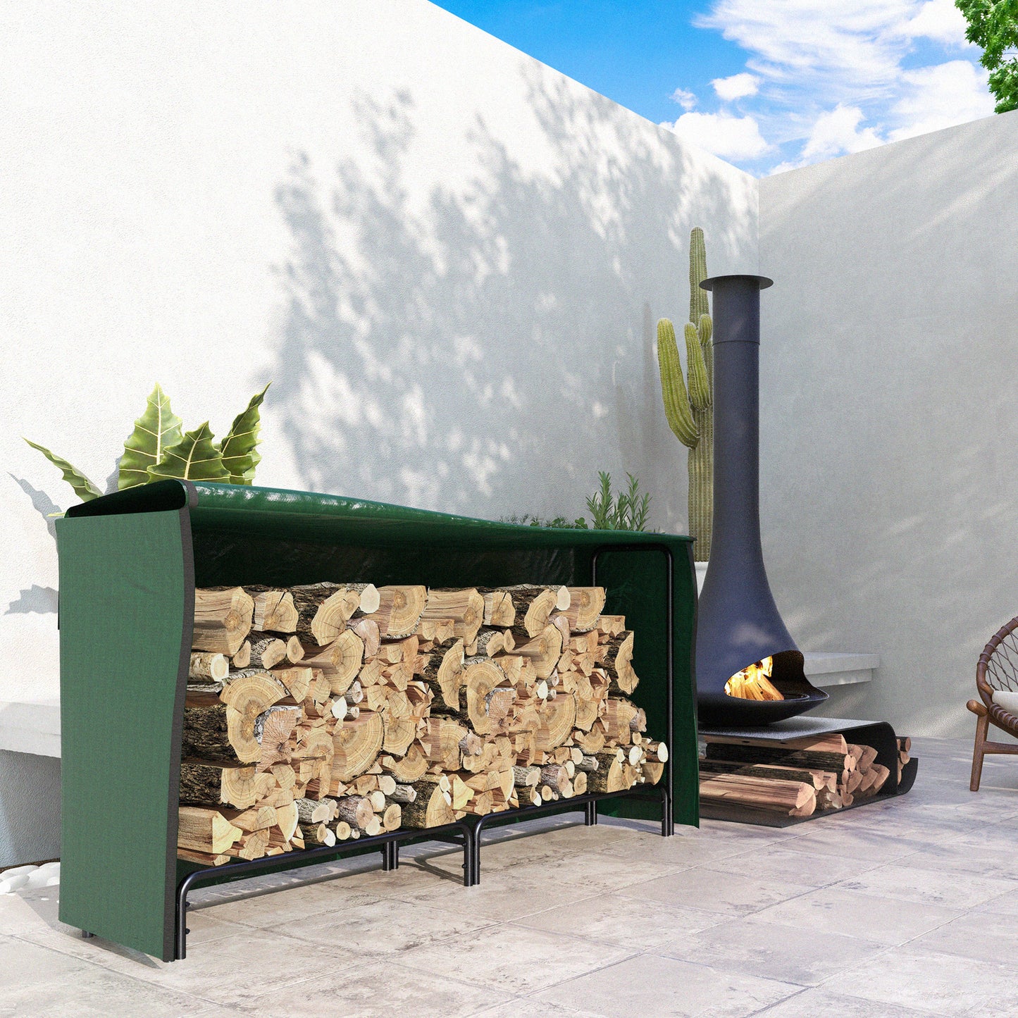 Outsunny Soporte para Leña con Cubierta Estante de Leña Leñero de Metal Ajustable con Estante para Interior y Exterior Carga 200kg 200x36x99 cm Verde Oscuro y Negro