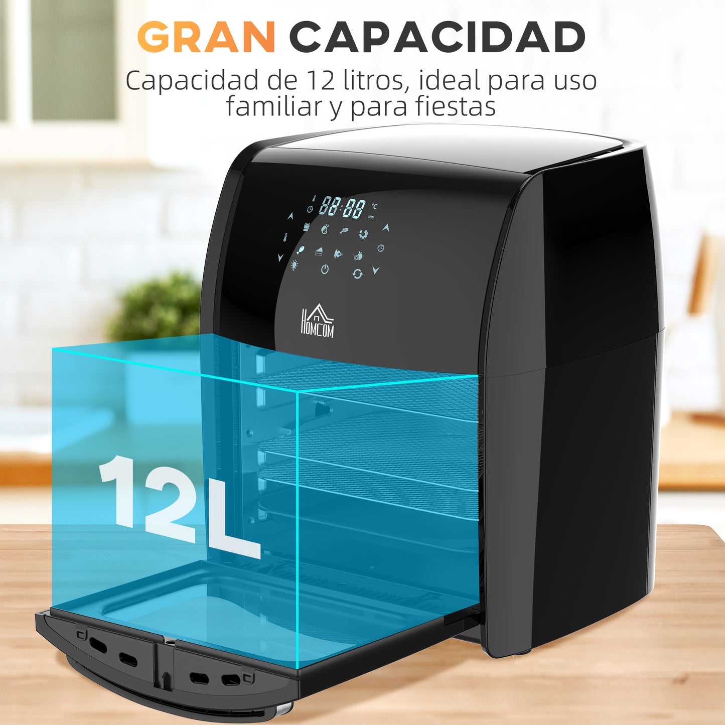 HOMCOM Freidora de Aire 3 en 1 12L Freidora sin Aceite 1800W Horno de Aire Deshidratador con 8 Programas Función de Iluminación Pantalla Digital Ventana Visual 35x33,5x40 cm Negro