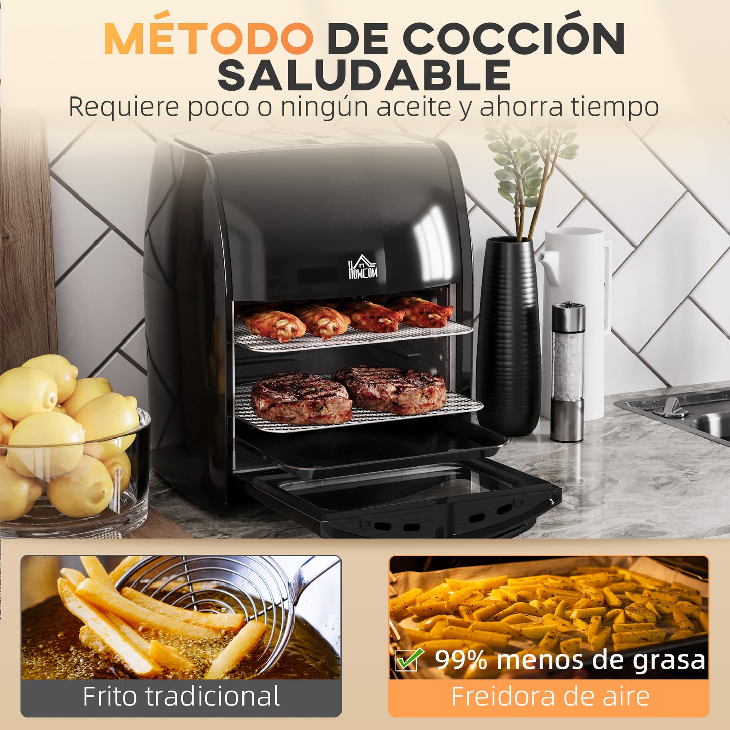 HOMCOM Freidora de Aire 3 en 1 12L Freidora sin Aceite 1800W Horno de Aire Deshidratador con 8 Programas Función de Iluminación Pantalla Digital Ventana Visual 35x33,5x40 cm Negro