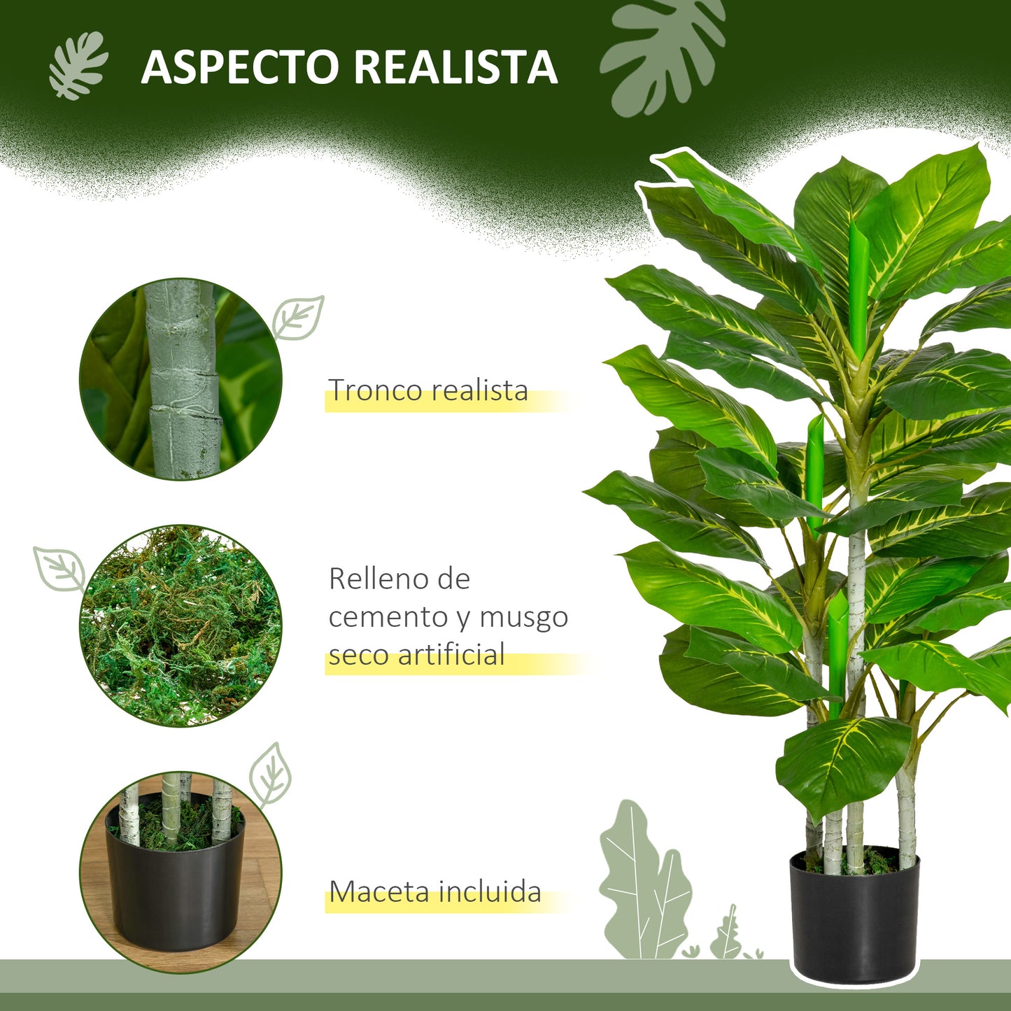 HOMCOM Conjunto de 2 Plantas Artificiales 95 cm Árboles Artificiales con 33 Hojas y Maceta para Interior y Exterior Decoración Salón Oficina Verde