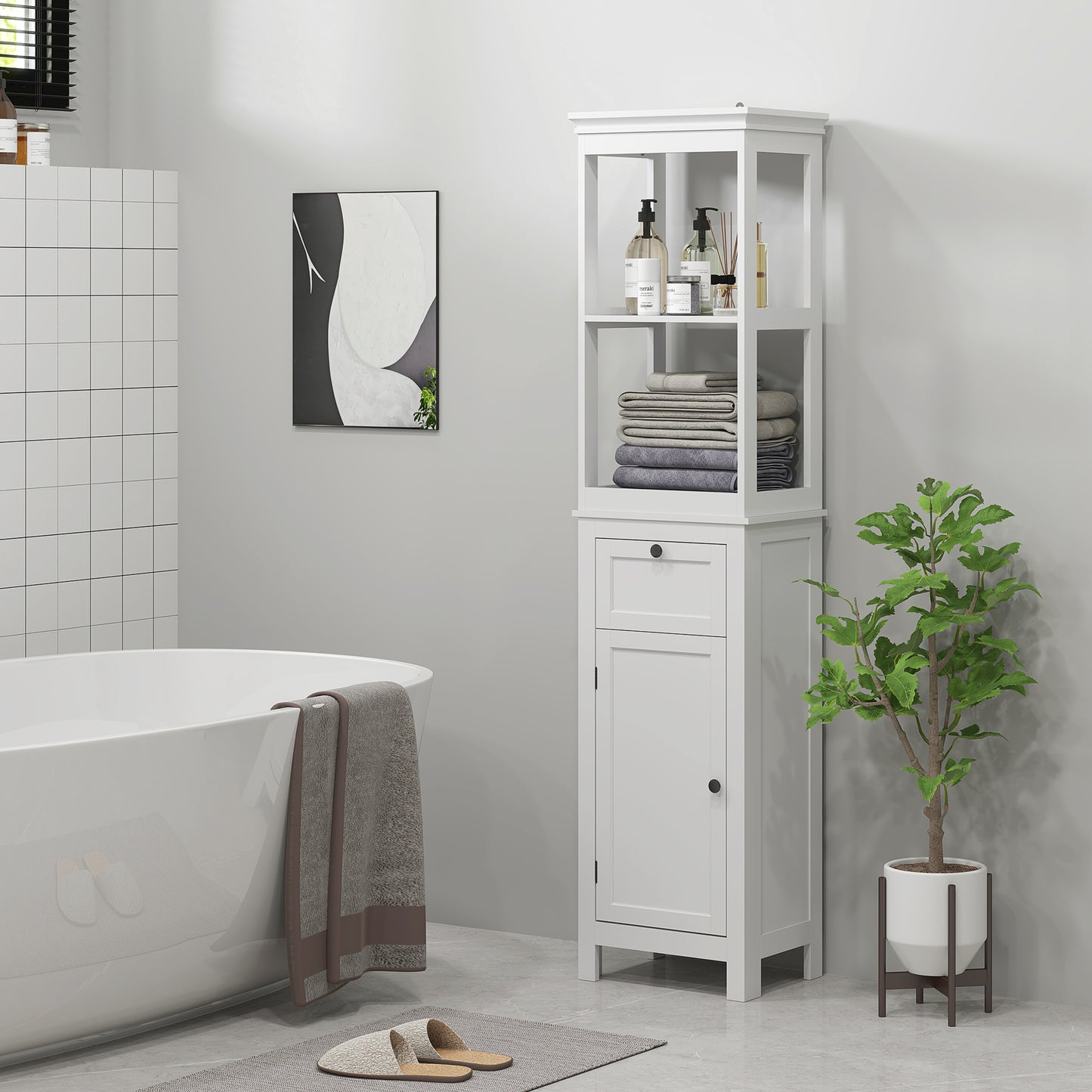 HOMCOM Columna de Baño Mueble de Baño con Cajón Puerta Estante Ajustable y 2 Compartimientos Armario de Baño Moderno 40x30x165 cm Blanco