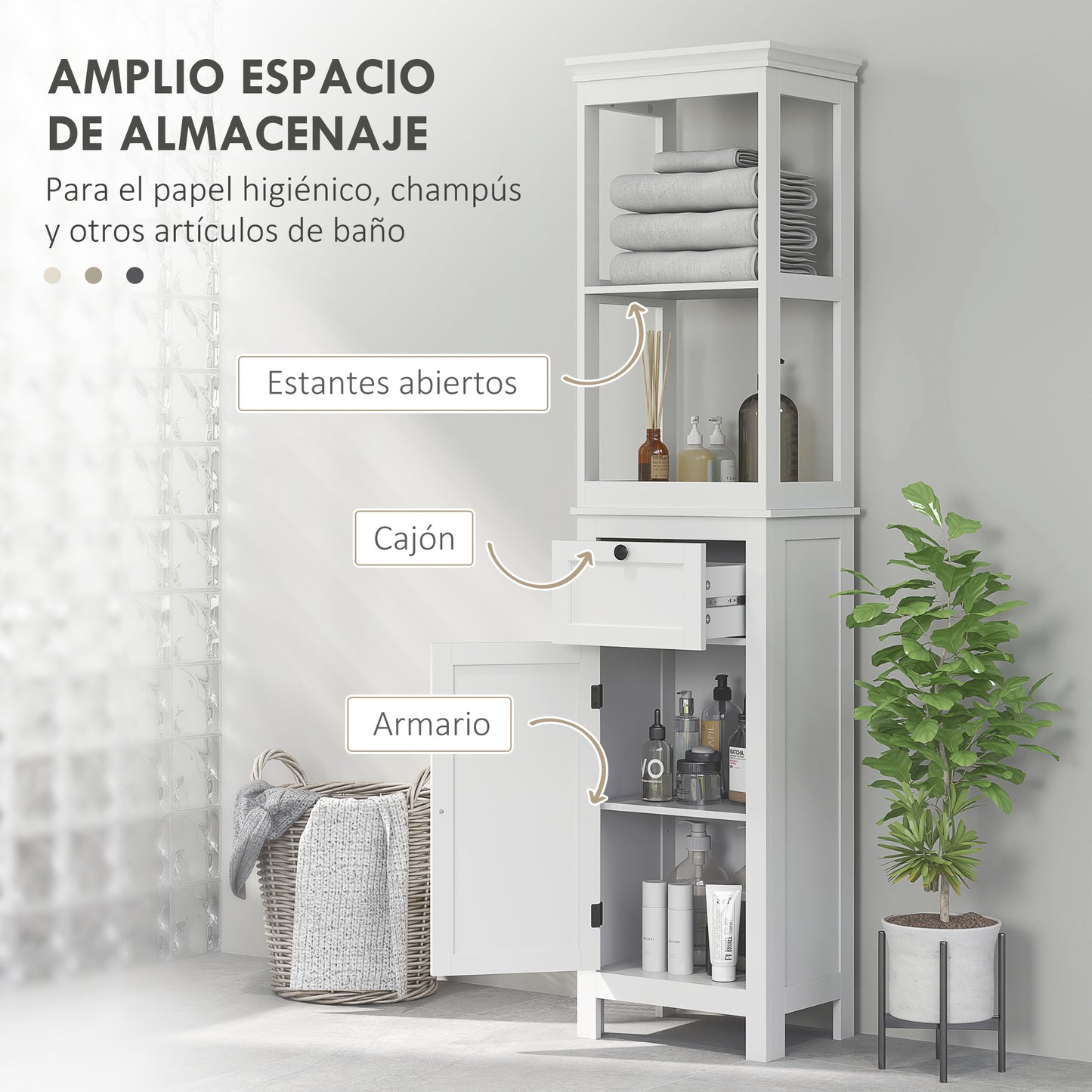 HOMCOM Columna de Baño Mueble de Baño con Cajón Puerta Estante Ajustable y 2 Compartimientos Armario de Baño Moderno 40x30x165 cm Blanco