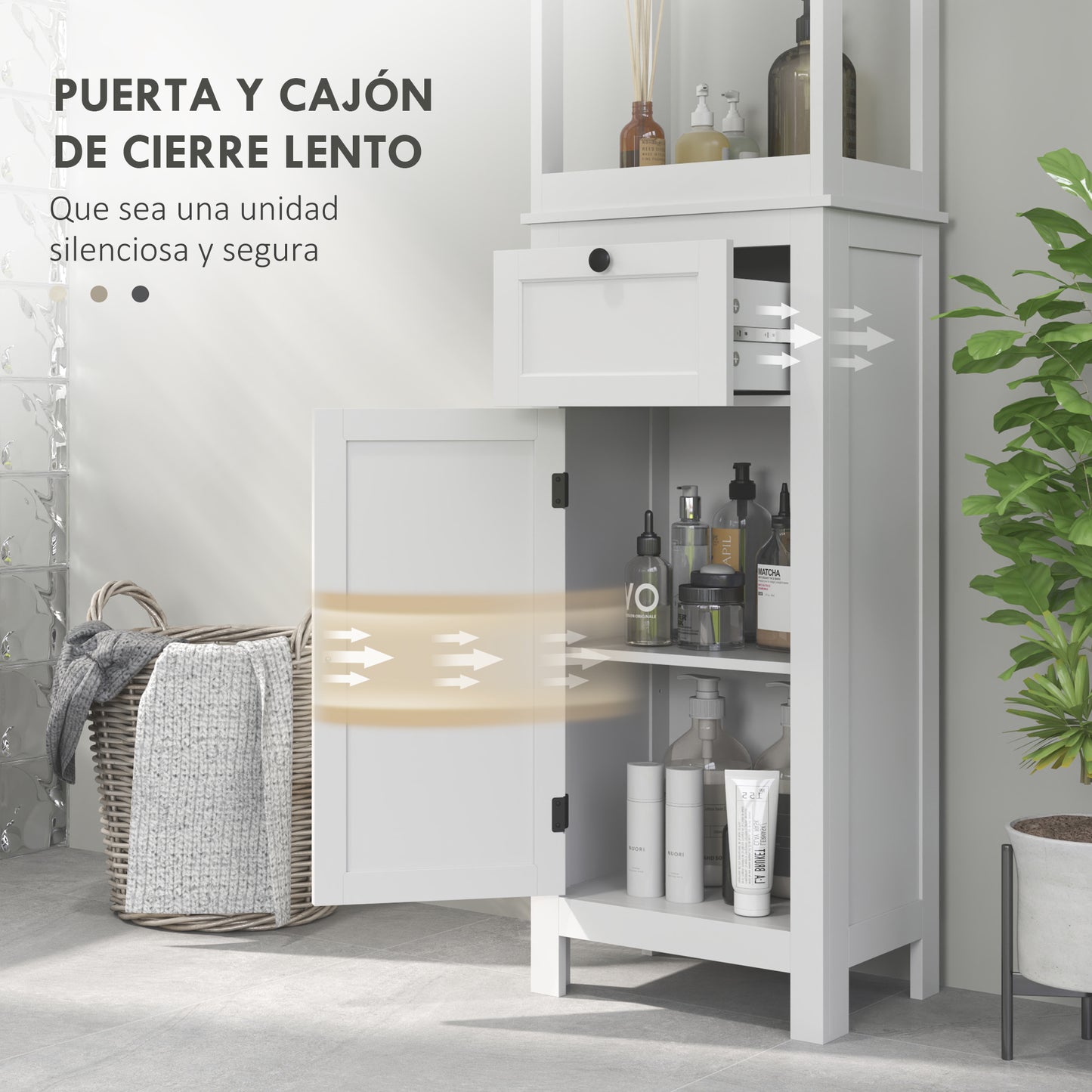 HOMCOM Columna de Baño Mueble de Baño con Cajón Puerta Estante Ajustable y 2 Compartimientos Armario de Baño Moderno 40x30x165 cm Blanco