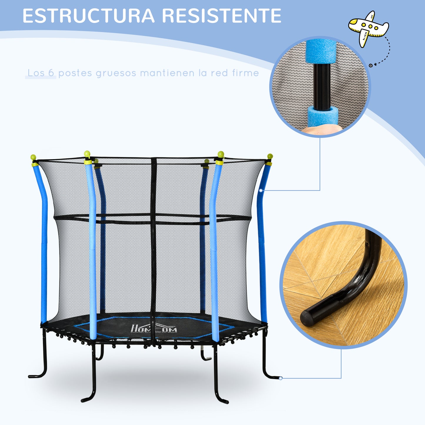 HOMCOM Cama Elástica Infantil de Jardín Ø160x163,5 cm Trampolín para Niños de +3 Años con Red de Seguridad Acero para Interior Exterior Carga 50 kg Negro y Azul