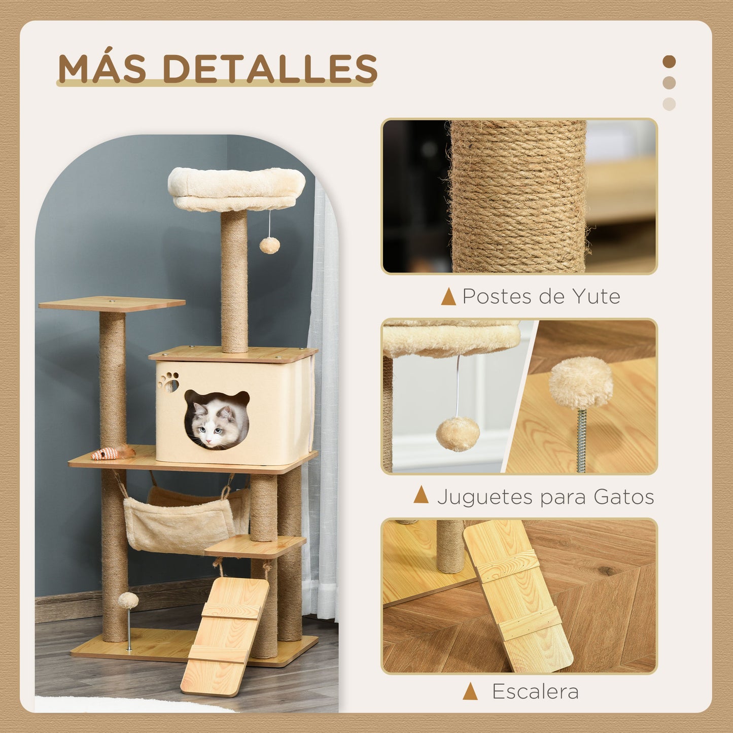 PawHut Árbol Rascador para Gatos Torre de Escalada con Plataformas Hamaca Escalera Cueva Postes para Rascar de Yute Bola Colgante Juego y Descanso 60x40x130 cm Beige