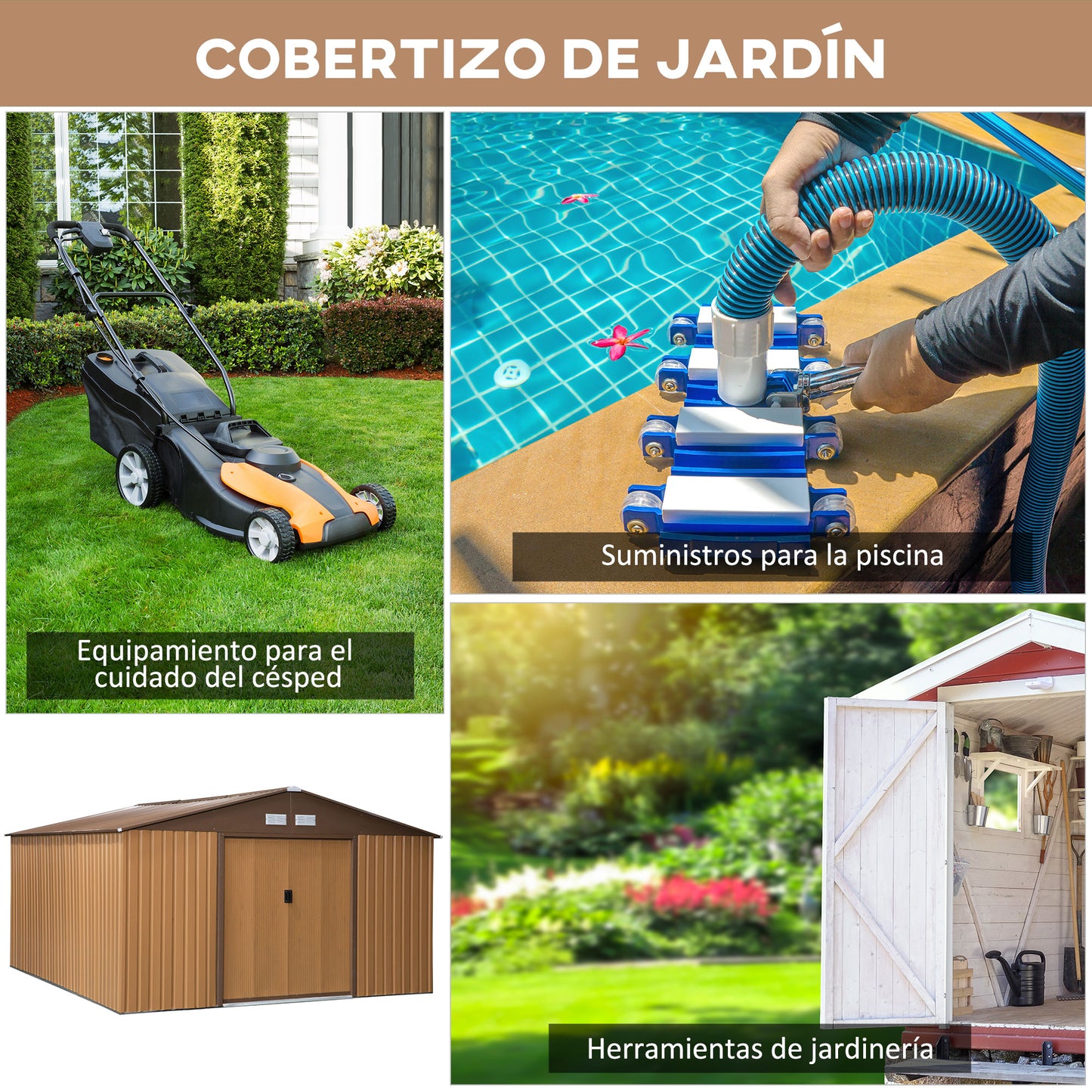 Outsunny Caseta de Jardín de Exterior Cobertizo de Jardín 12,4 m² 340x386x200 cm con 2 Puertas Corredizas Base Refuerzo (Suelo NO Incluido) para Patio Terraza Ocre Oscuro