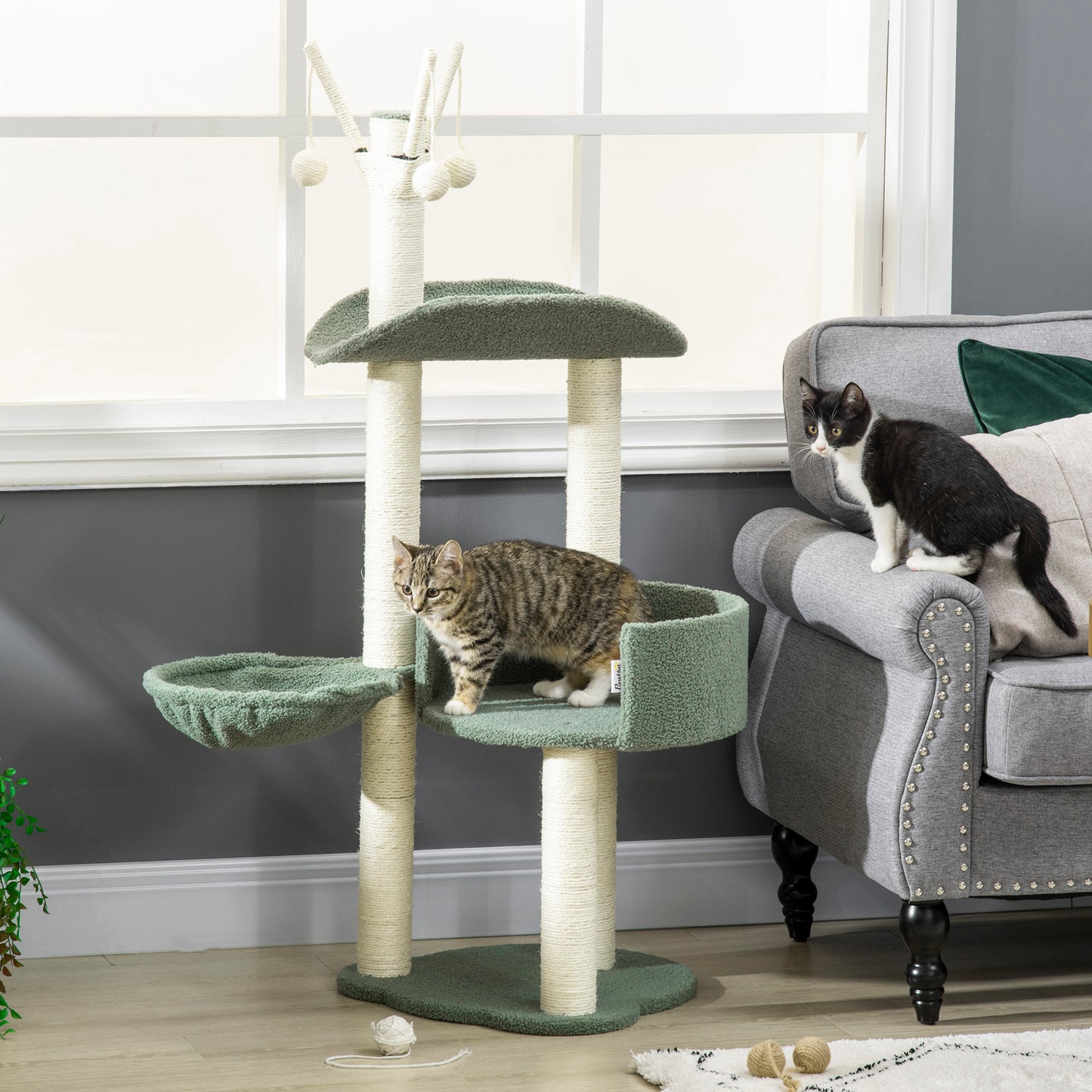 PawHut Árbol Rascador para Gatos Torre para Gatos Altura 123 cm con Hamaca Camas Postes de Sisal y Bolas de Juego 44x43x123 cm Verde y Crema