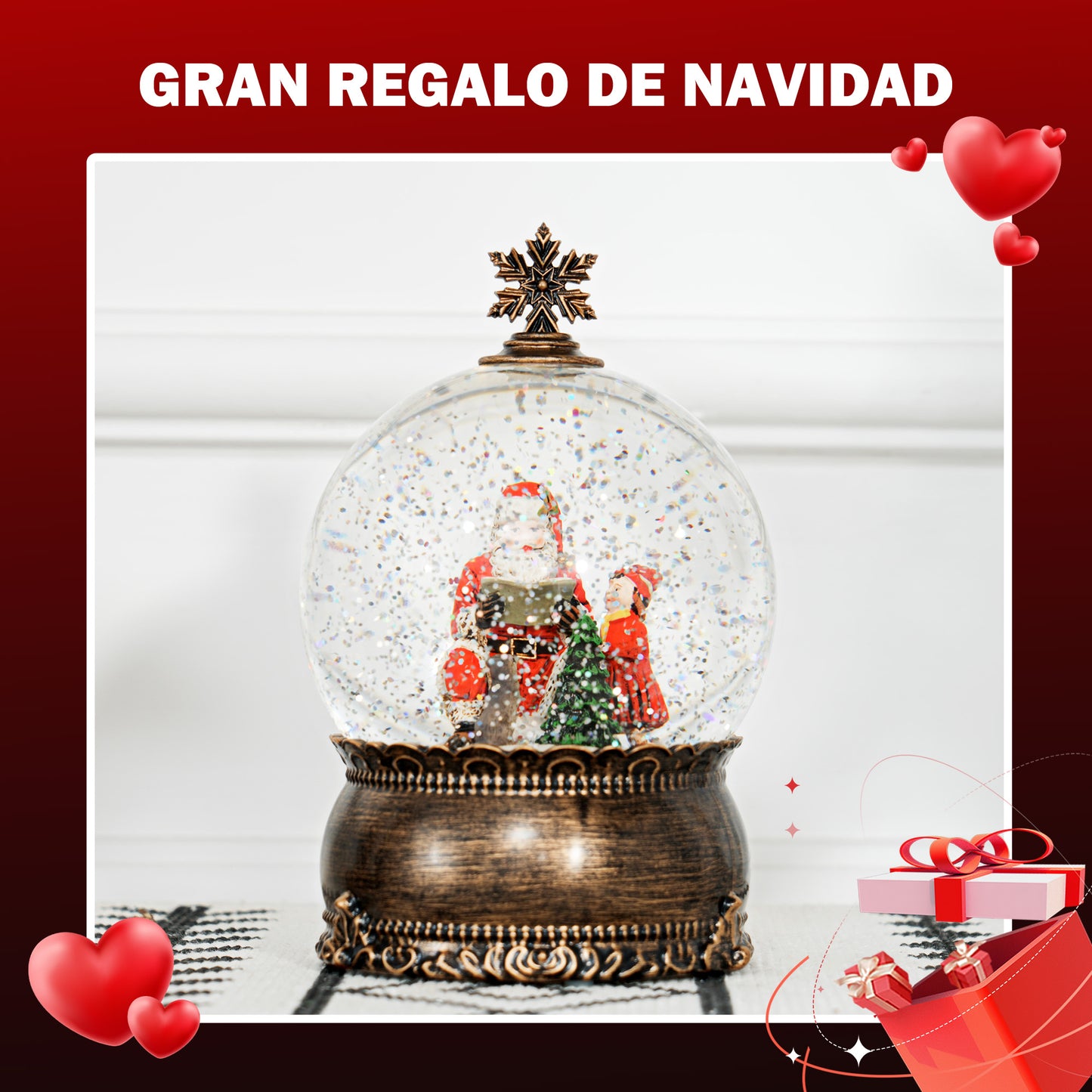 HOMCOM Bola de Nieve Navidad con Música y Luces Bola de Nieve con Escena de Papá Noel y Niño para Decoración Navideña Regalo de Fiesta Bronce