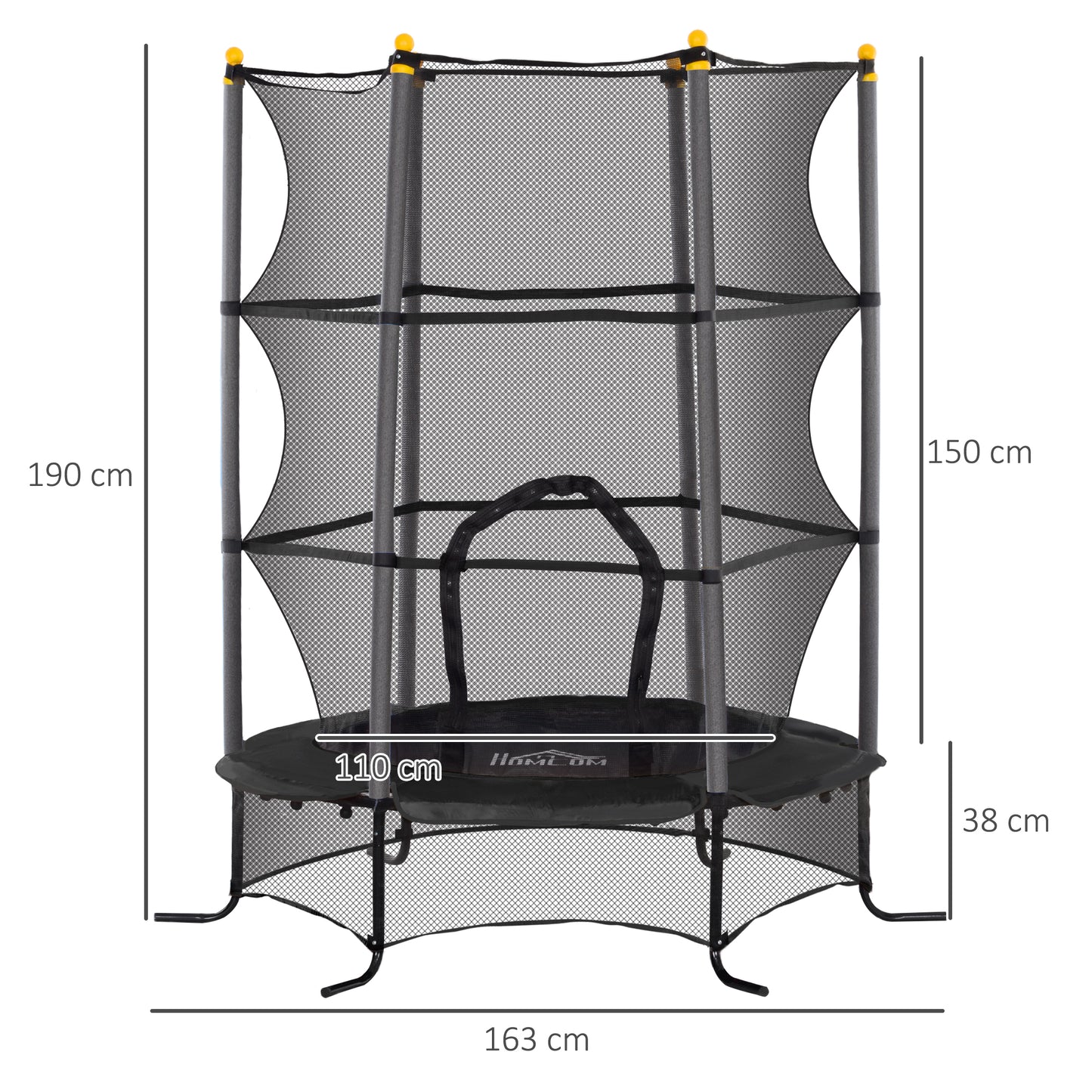 HOMCOM Cama Elástica Infantil Ø163x190 cm Trampolín para Niños de +3 Años con Red de Seguridad y Marco de Acero Carga 50 kg para Interior y Exterior Negro