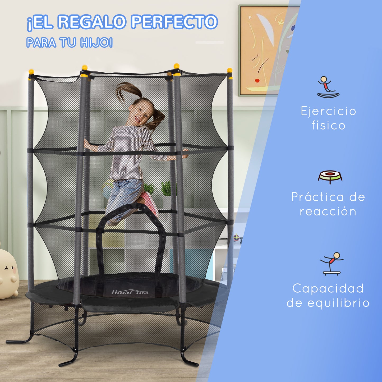 HOMCOM Cama Elástica Infantil Ø163x190 cm Trampolín para Niños de +3 Años con Red de Seguridad y Marco de Acero Carga 50 kg para Interior y Exterior Negro