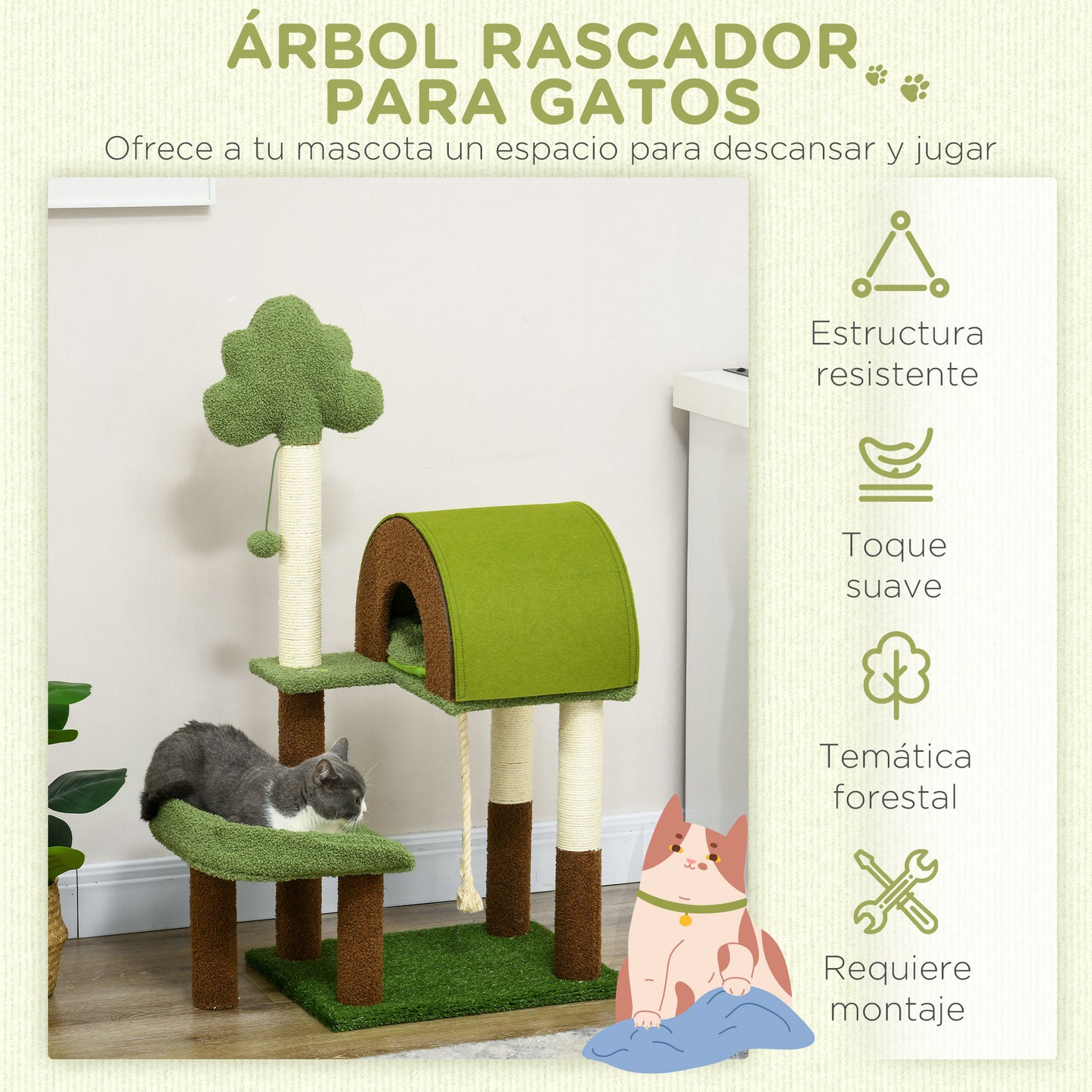 PawHut Árbol Rascador para Gatos Mediano 107 cm Torre para Gatos Centro de Actividades para Gatitos con Nido Poste de Sisal Césped Falso y Bola Colgante 49x40x107 cm Verde