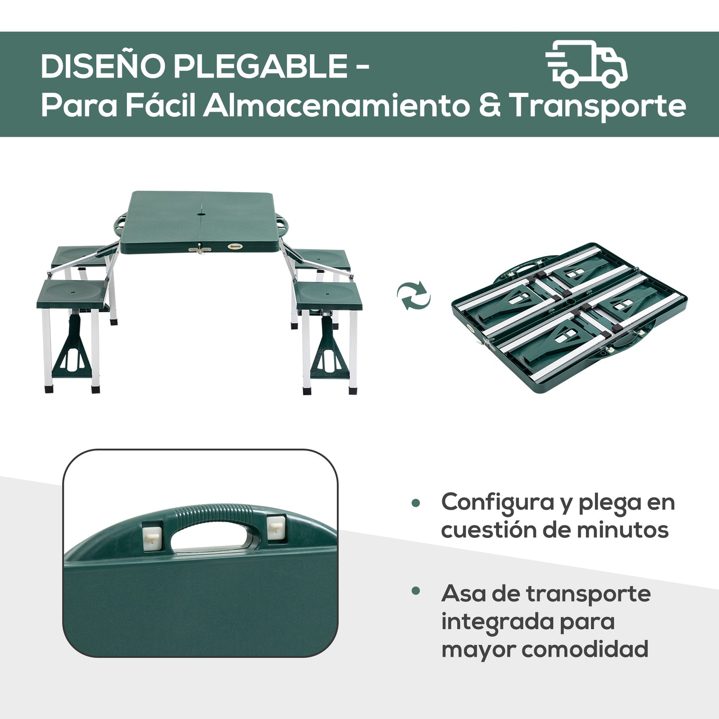 Outsunny Mesa Maleta de Camping Plegable Portátil 4 Asientos y Agujero Sombrilla Estructura Aluminio Playa Picnic 135.5x84.5x66cm (Verde)