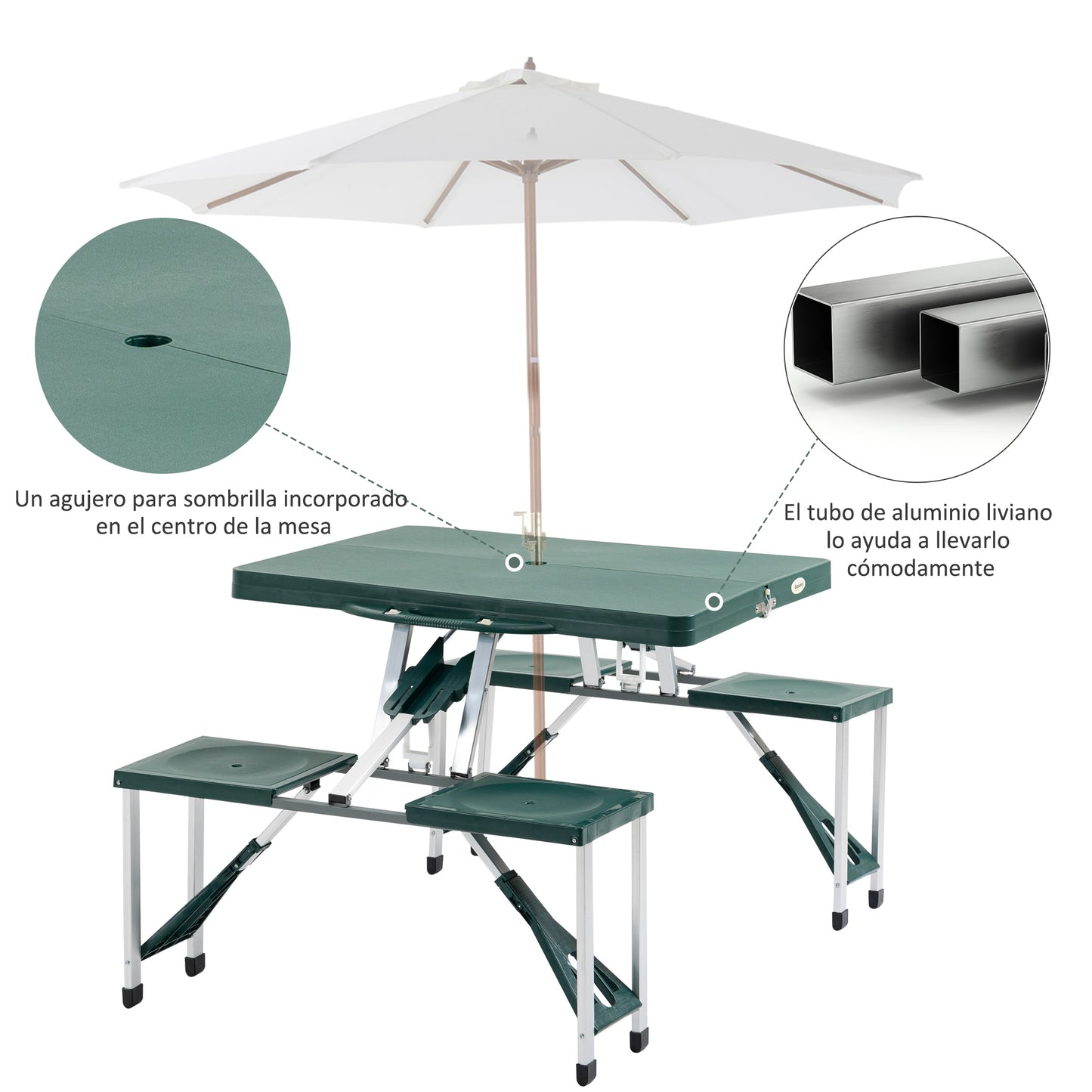 Outsunny Mesa Maleta de Camping Plegable Portátil 4 Asientos y Agujero Sombrilla Estructura Aluminio Playa Picnic 135.5x84.5x66cm (Verde)