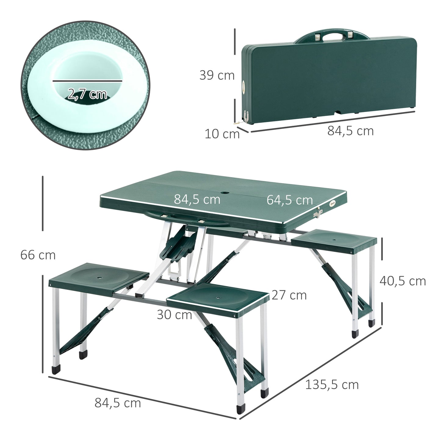 Outsunny Mesa Maleta de Camping Plegable Portátil 4 Asientos y Agujero Sombrilla Estructura Aluminio Playa Picnic 135.5x84.5x66cm (Verde)