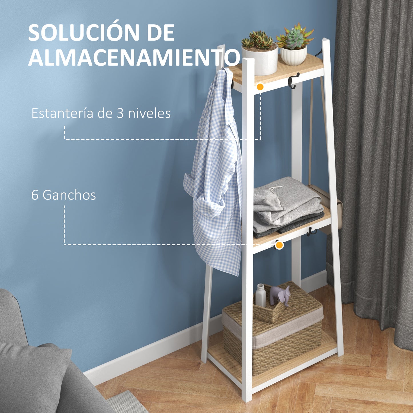 HOMCOM Perchero de Pie de 3 Niveles Perchero para Ropa con 6 Ganchos y Estantes de Almacenamiento para Entrada Pasillo Dormitorio Salón 61x41x165 cm Natural