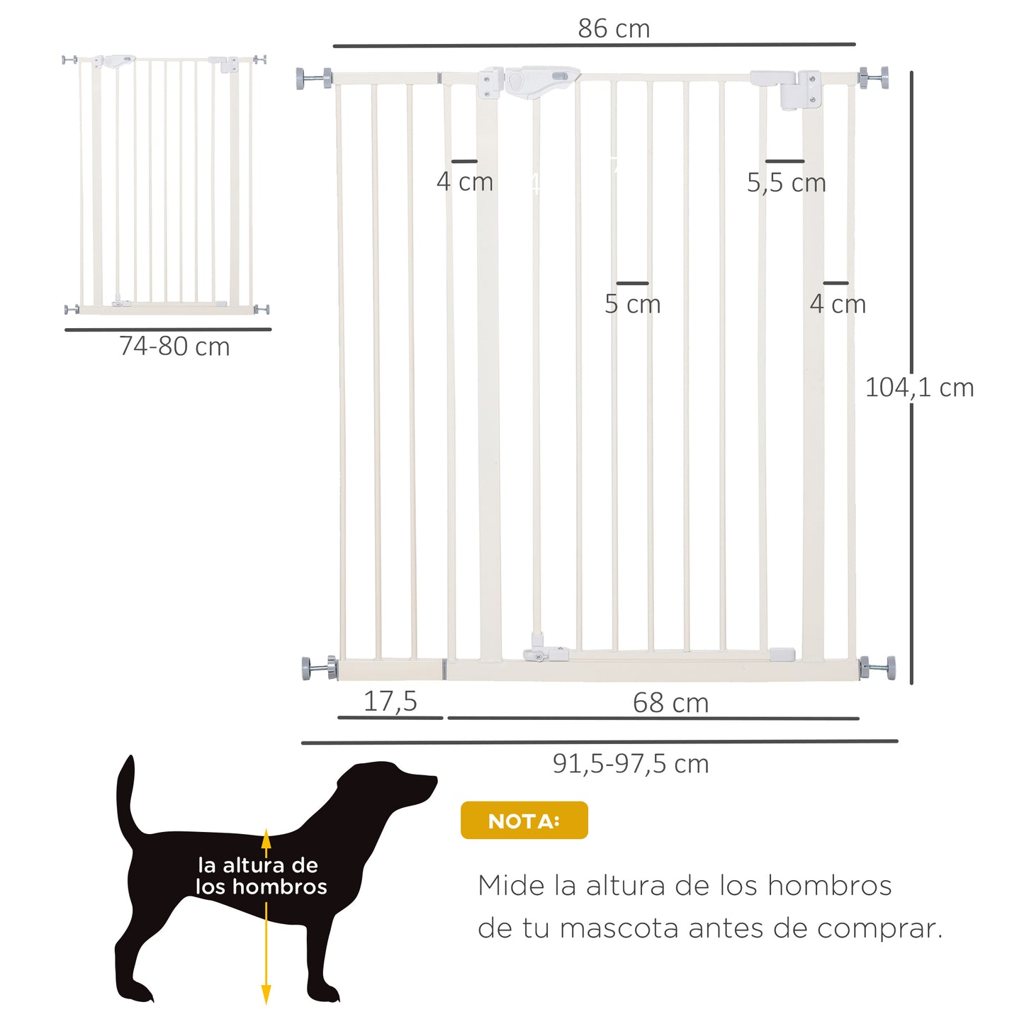 PawHut Barrera de Seguridad para Puertas y Escaleras Barrera para Perros Mascotas con Cierre Automático Extensión 17,5 cm Montaje sin Agujeros Metal 74-80/91,5-97,5x104,1 cm Blanco