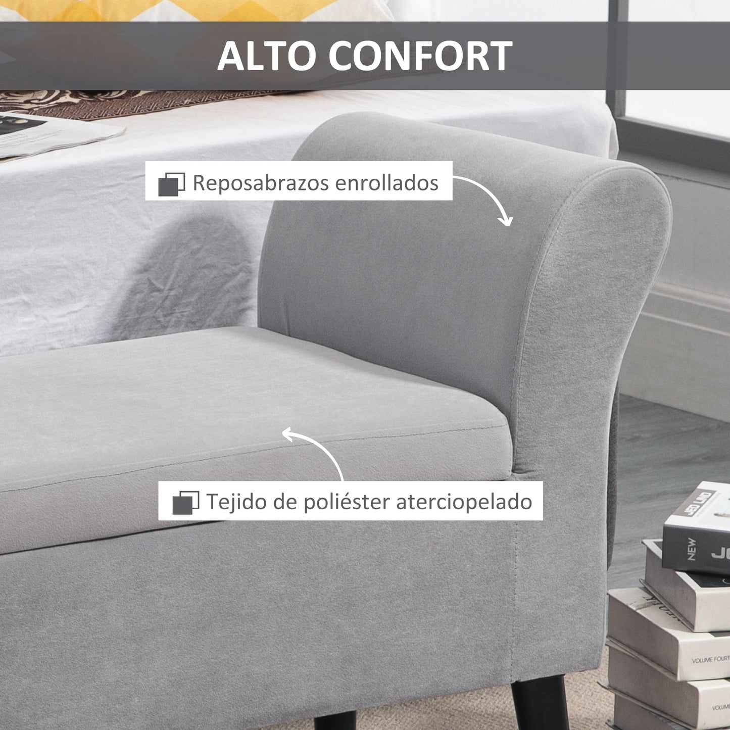 HOMCOM Baúl de Almacenaje para Dormitorio Banco de Almacenamiento con Tapa Abatible Reposabrazos y Patas de Madera para Salón 111,5x41x65 cm Gris Claro