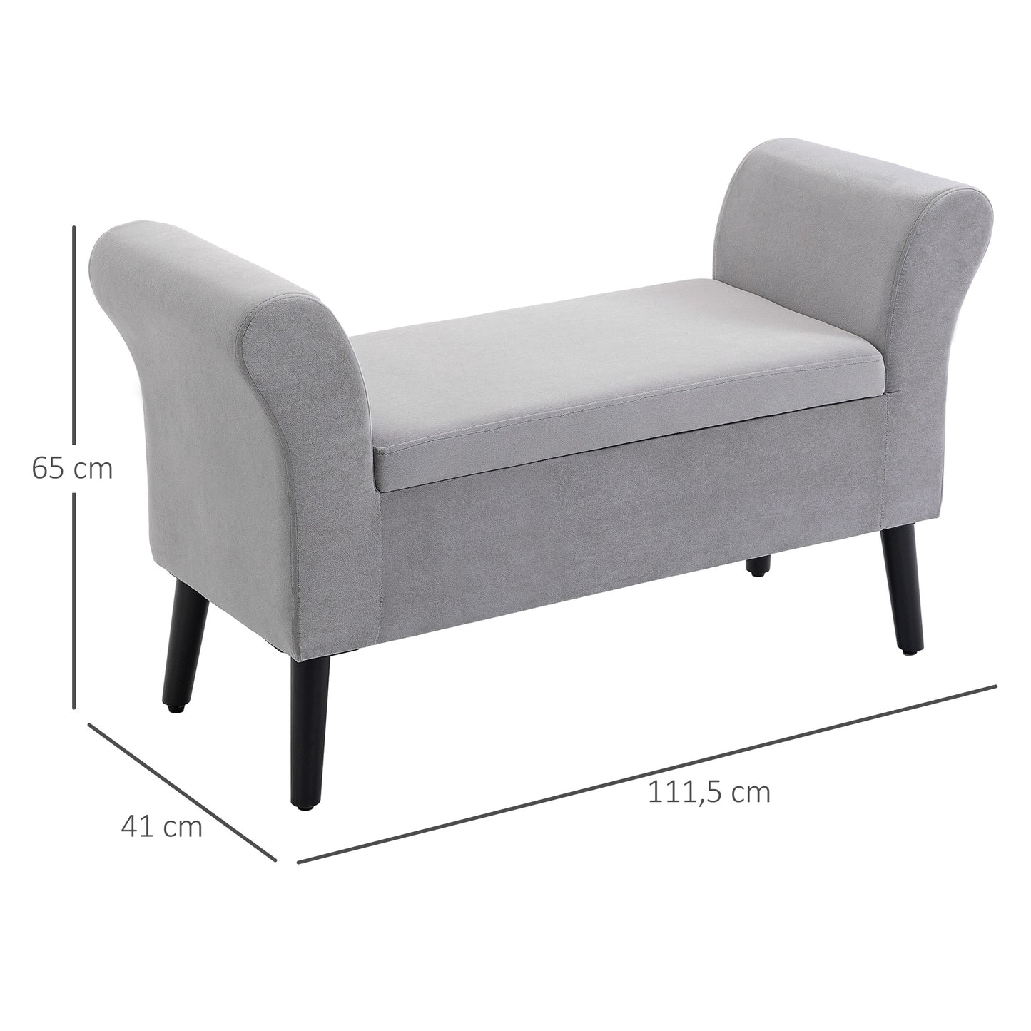 HOMCOM Baúl de Almacenaje para Dormitorio Banco de Almacenamiento con Tapa Abatible Reposabrazos y Patas de Madera para Salón 111,5x41x65 cm Gris Claro