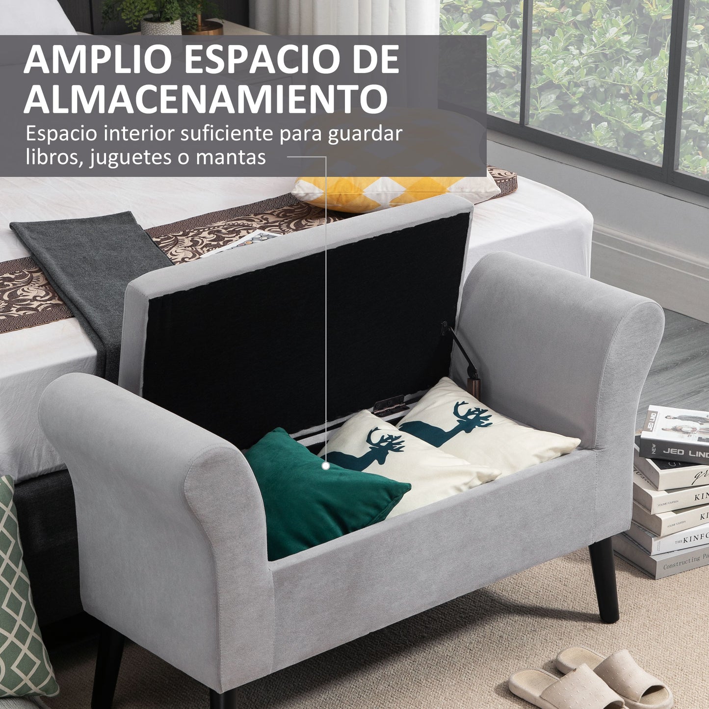 HOMCOM Baúl de Almacenaje para Dormitorio Banco de Almacenamiento con Tapa Abatible Reposabrazos y Patas de Madera para Salón 111,5x41x65 cm Gris Claro