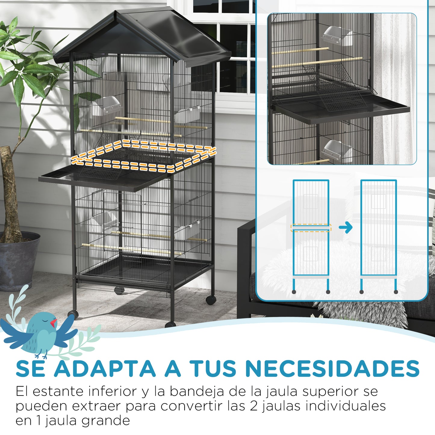 PawHut Jaula para Pájaros 2 en 1 Grande de 2 Pisos Convertible en Sola Pajarera con Ruedas 4 Comederos 4 Perchas y Bandejas Extraíbles para Canarios Loros 78x75x168 cm Negro