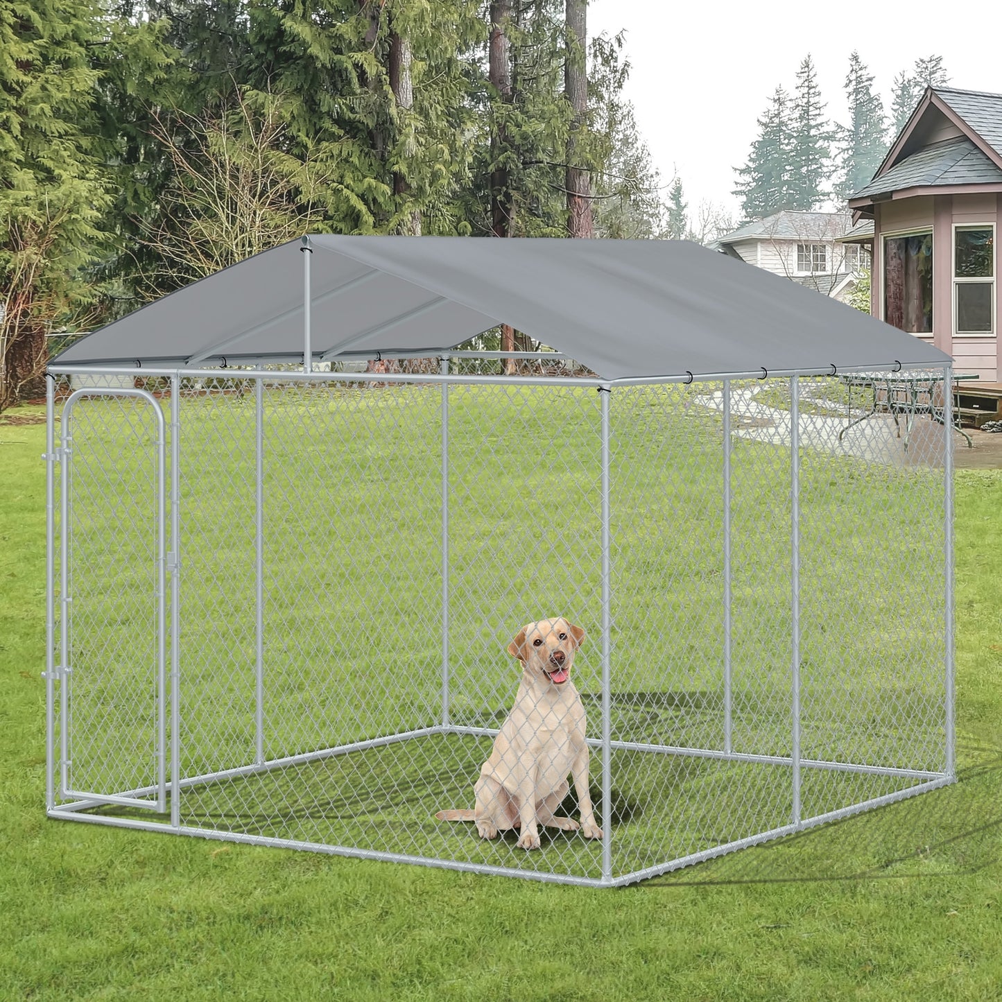 PawHut Perrera de Exterior con Toldo Jaula para Perros con 1 Puerta Anti-UV Impermeable y Marco de Acero para Jardín Patio 300x300x234 cm Plata